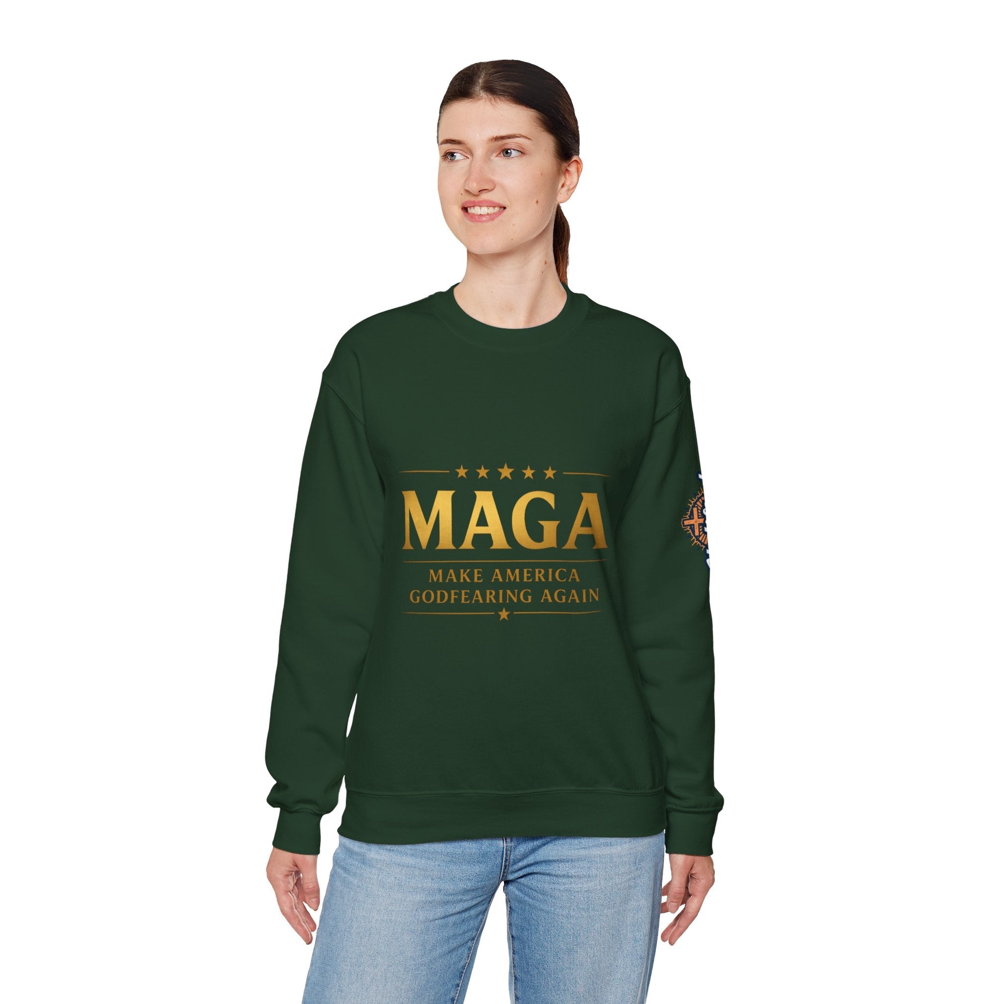 Sweatshirt — "MAGA Make America Godfearing Again" Gold Logo Crewneck Printify