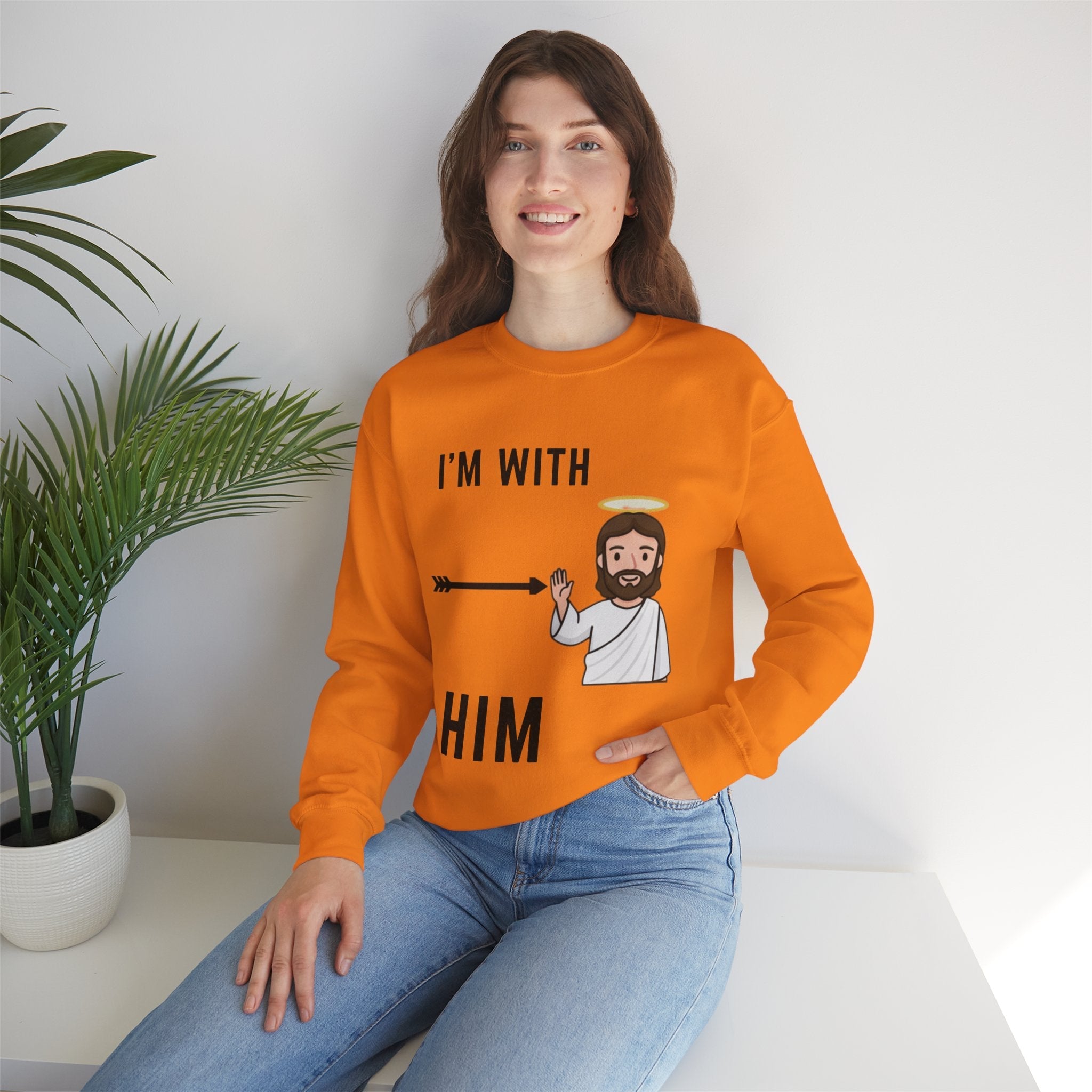 🔥 I’m With Him → Christian Sweatshirt | Arrow Pointing to Jesus | Minimalist Faith Tee | Subtle Cross Design | Bible-Inspired Apparel by Uplifted Gear Printify