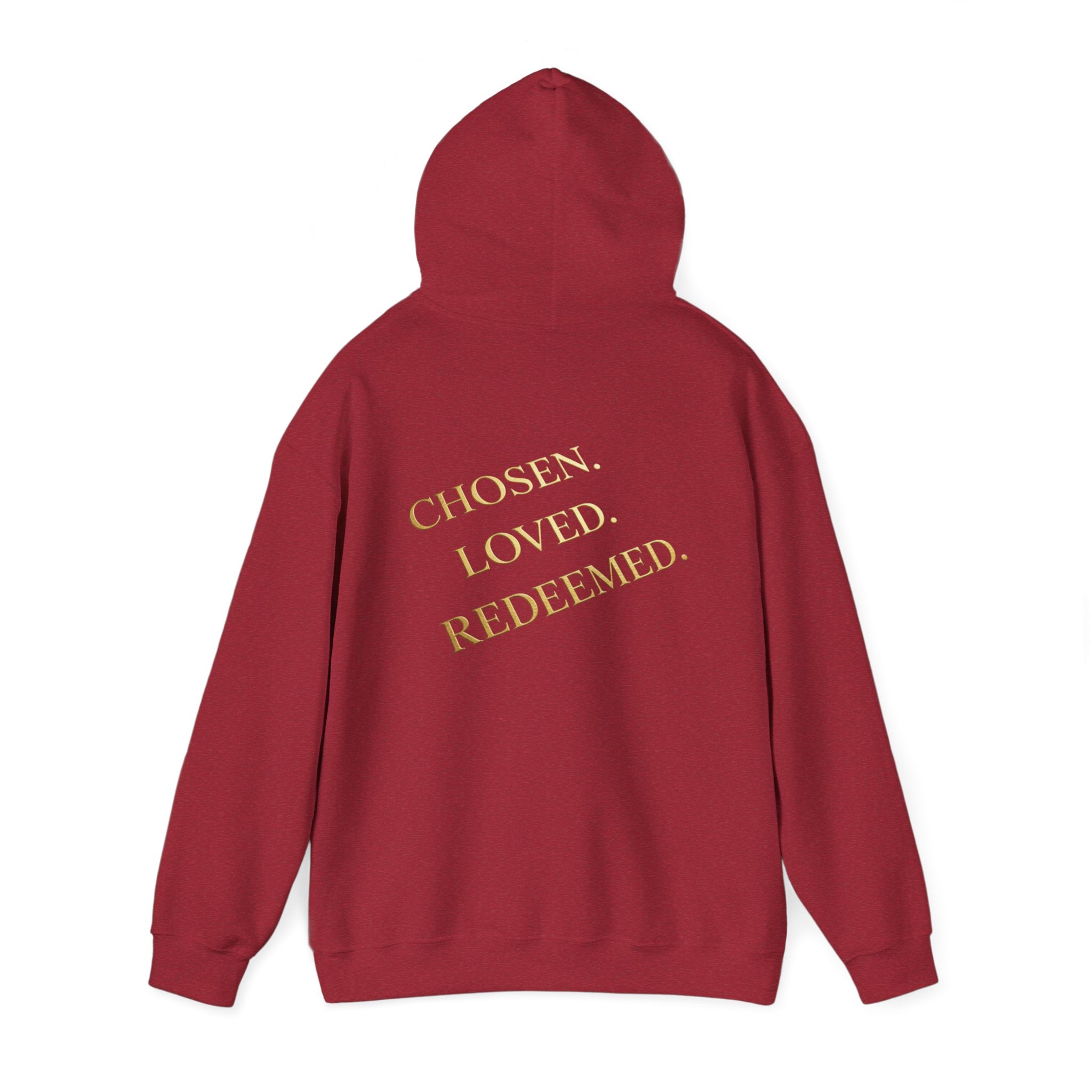 ✨ Chosen. Loved. Redeemed. – Elegant Christian Hoodie | Gold Foil Faith Tee | Subtle Cross & Heart Design | Inspirational Bible Verse Apparel by Uplifted Gear Printify