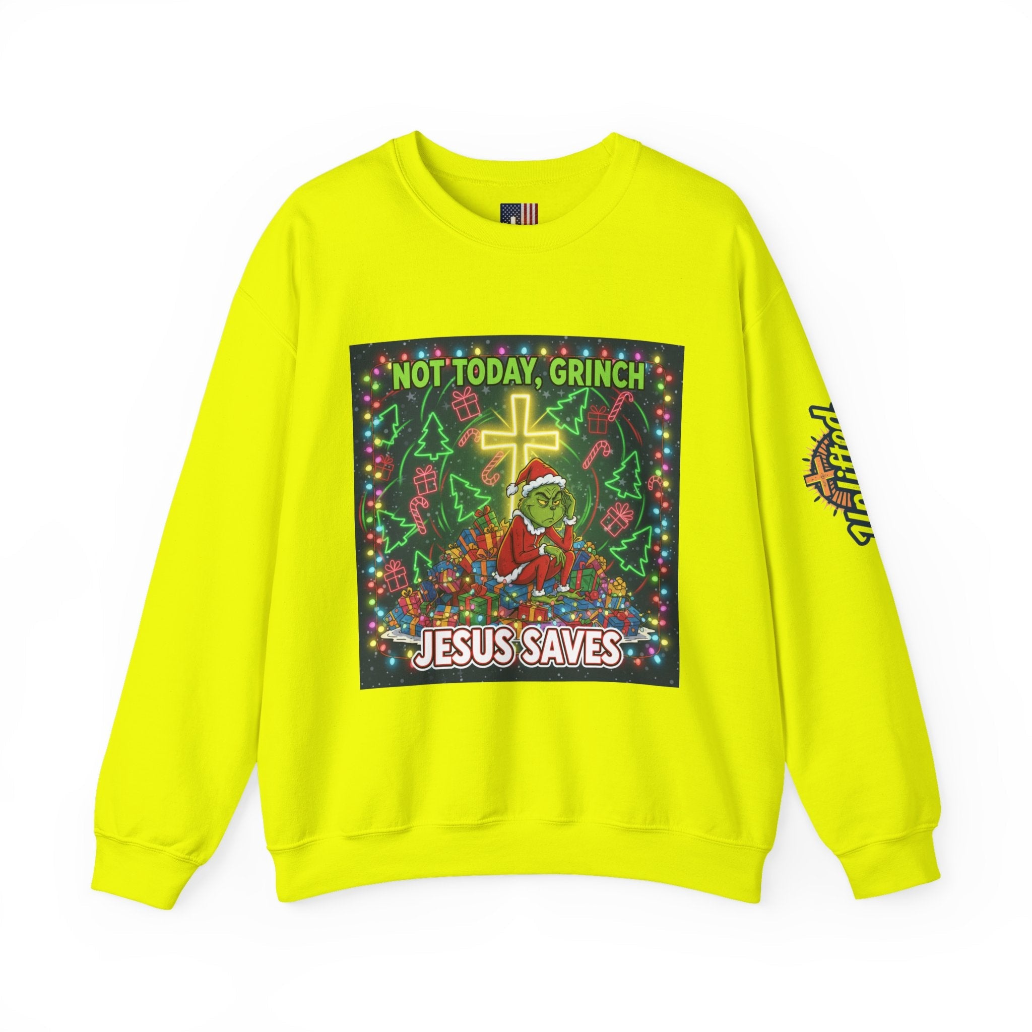 🎄 Not Today, Grinch – Jesus Saves | Funny Christian Christmas Sweatshirt | Festive Green & Red Cartoon Style | Bold Faith Holiday Tee by Uplifted Gear Printify