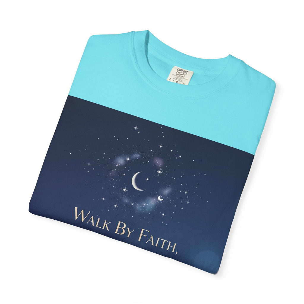 Walk by Faith, Not by Sight T-Shirt – Footprints in the Sand Christian Moonlit Tee Printify