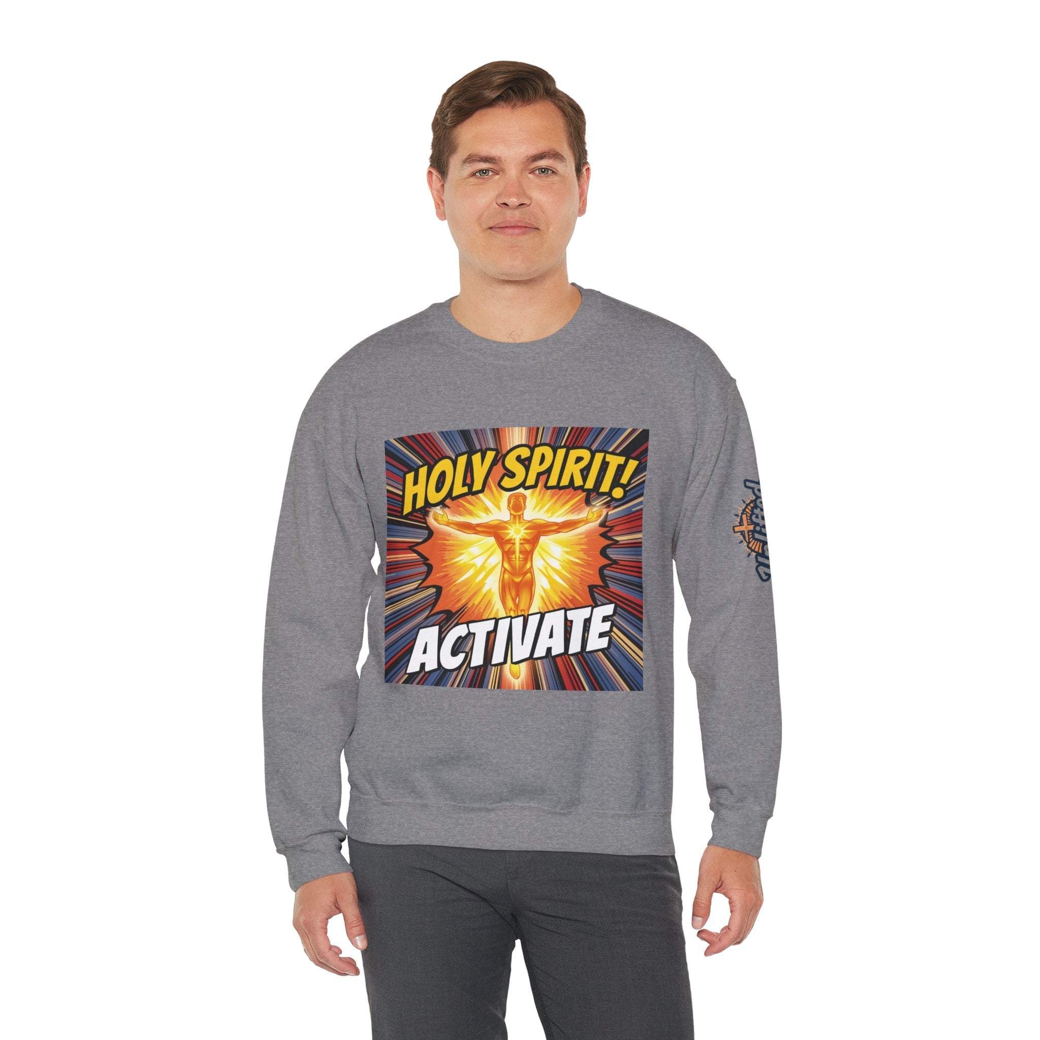 Holy Spirit Activate Sweatshirt – Superhero Christian Sweatshirt with Vibrant Power-Up Design for Faith-Fueled Boldness Printify