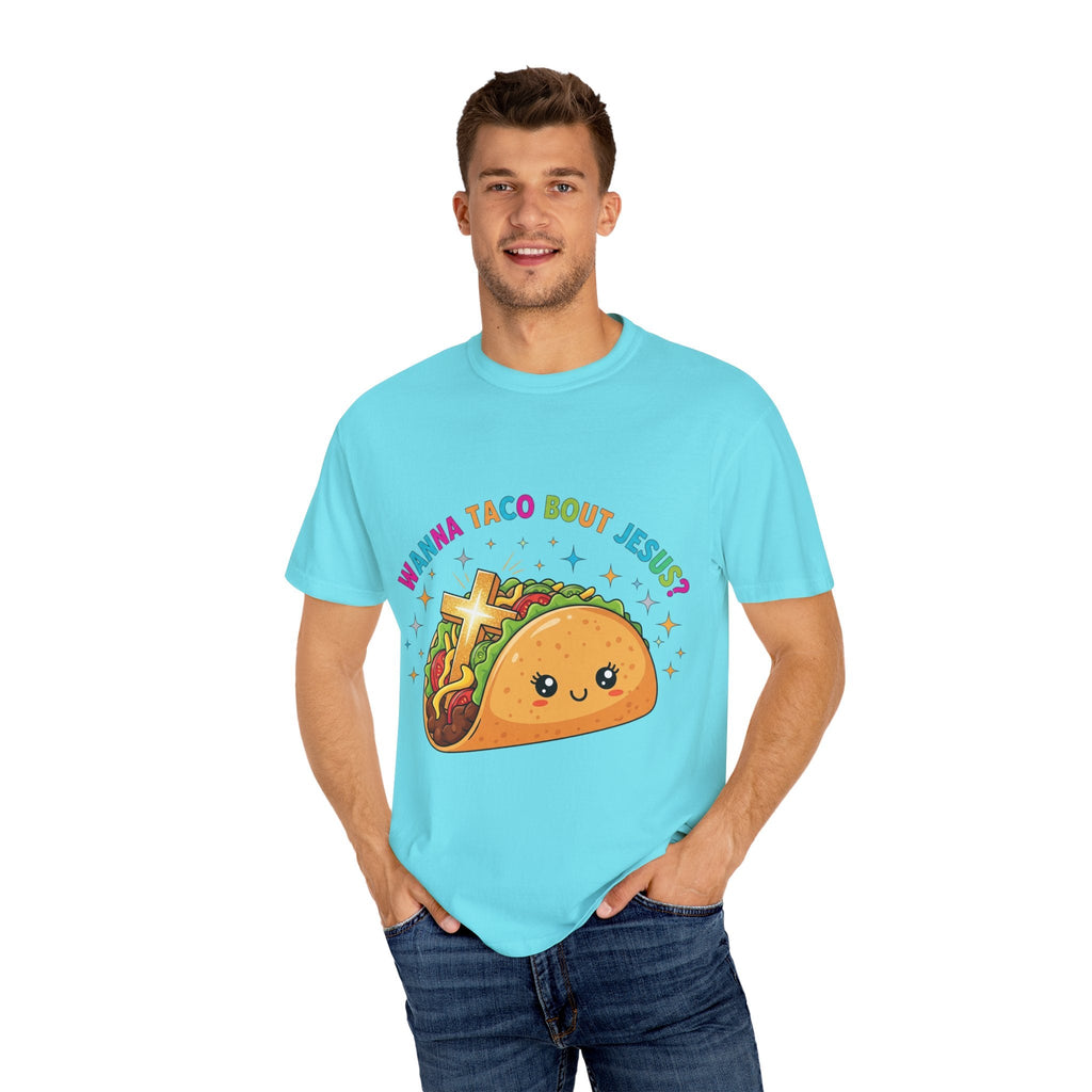 Wanna Taco 'Bout Jesus? Funny Christian Pun T-Shirt – Lettuce Pray & Share Faith! Printify