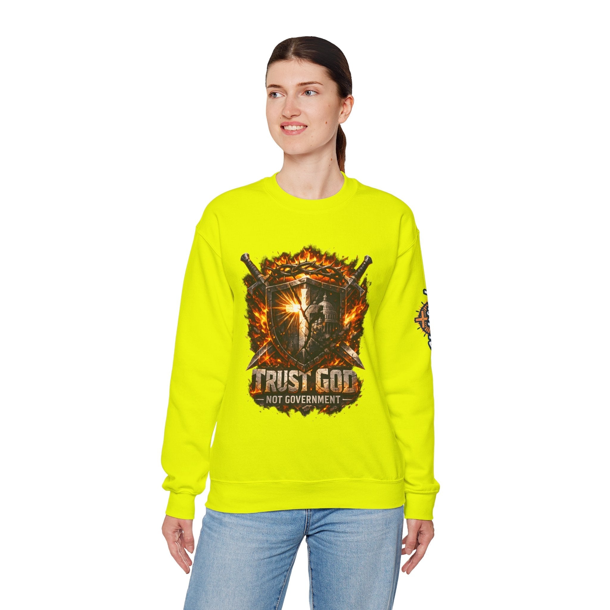 Trust God Not Government Shield Sweatshirt — Patriotic Christian Faith Sweatshirt Printify