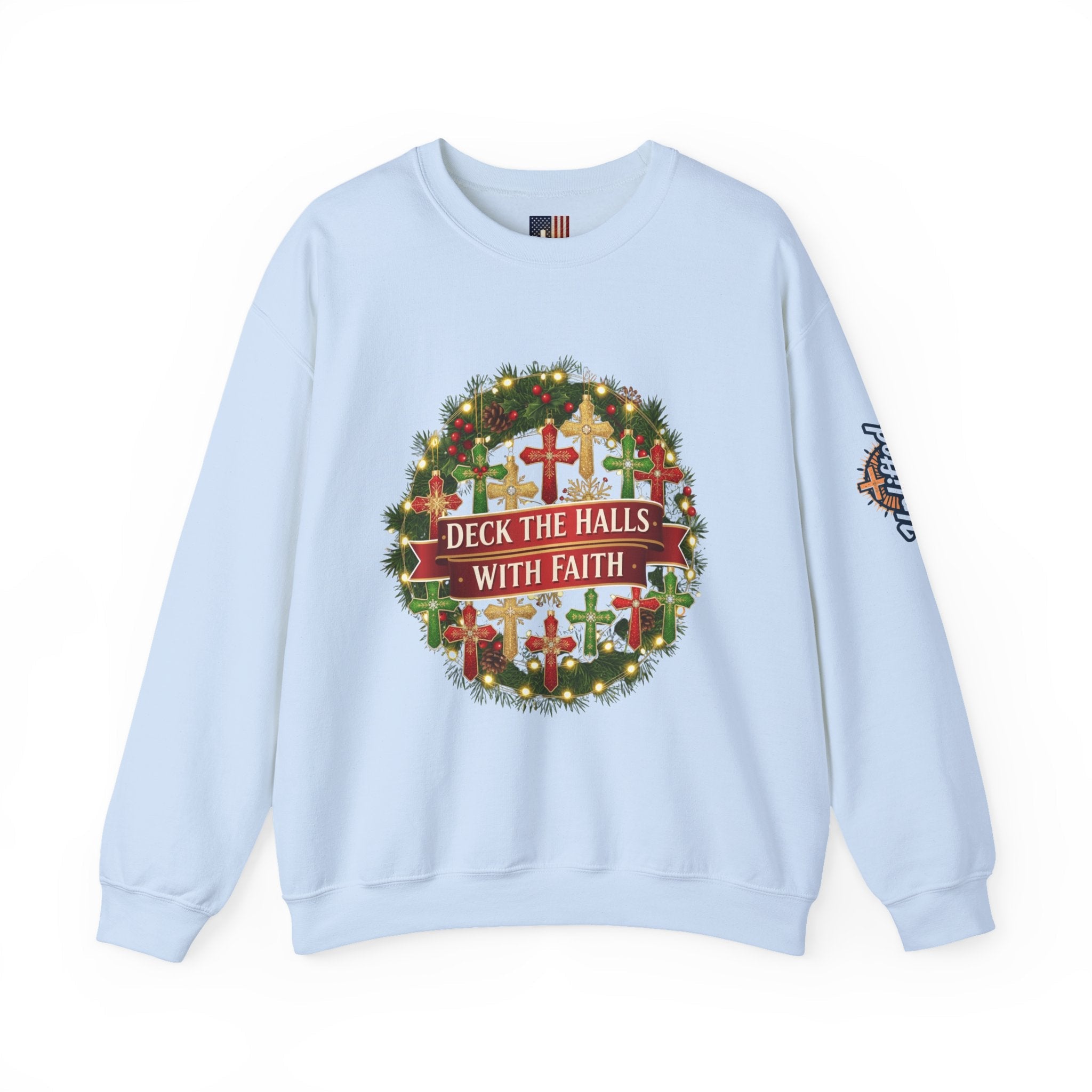 🎄 Deck the Halls with Faith – Christian Christmas Sweatshirt | Cross Ornament Design & Festive Garland | Bold Holiday Faith Tee by Uplifted Gear Printify