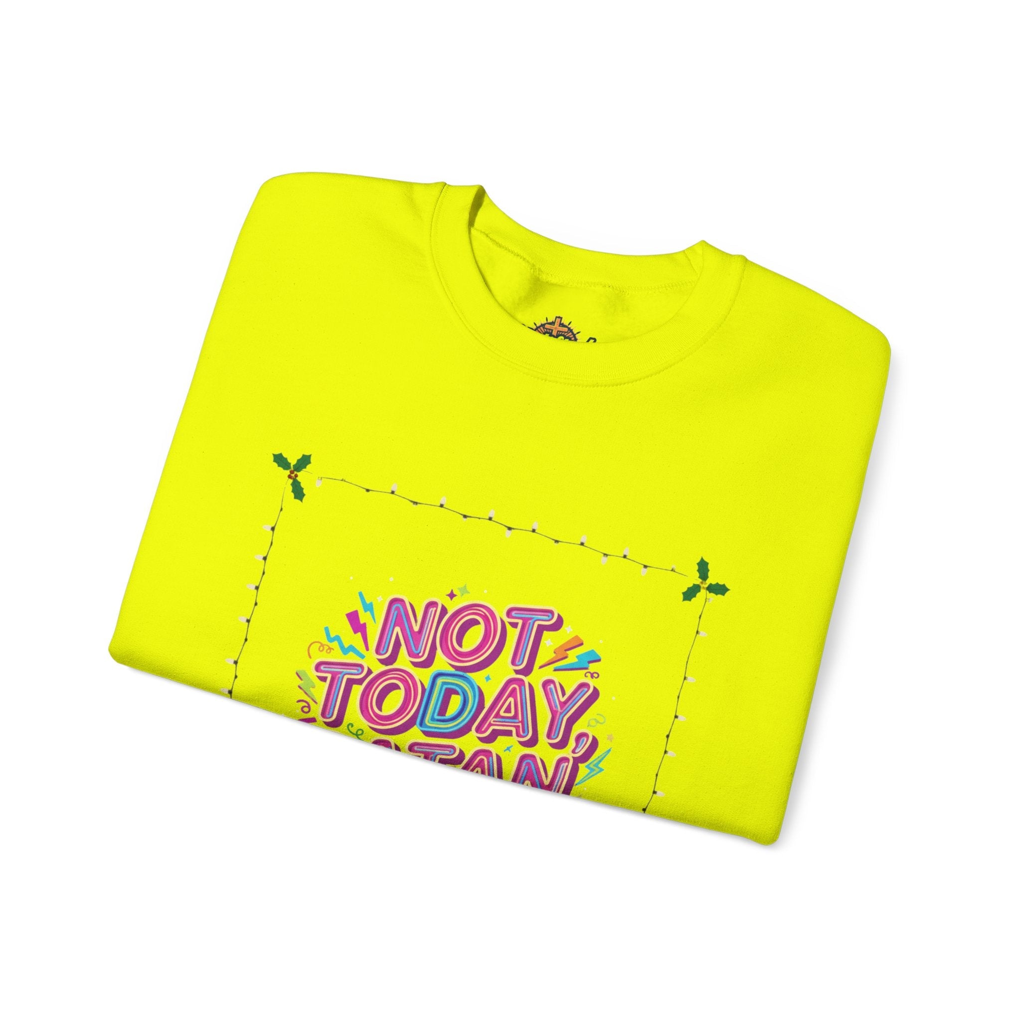 🔥 Not Today, Satan – Retro 90s Christian Sweatshirt | Neon Faith Tee | Funky Cartoon Devil | Bold Bible Verse Shirt | Uplifted Gear Printify