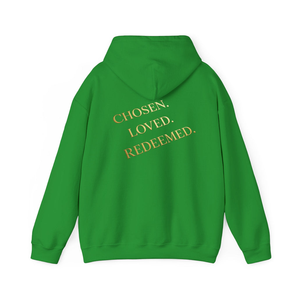 ✨ Chosen. Loved. Redeemed. – Elegant Christian Hoodie | Gold Foil Faith Tee | Subtle Cross & Heart Design | Inspirational Bible Verse Apparel by Uplifted Gear Printify