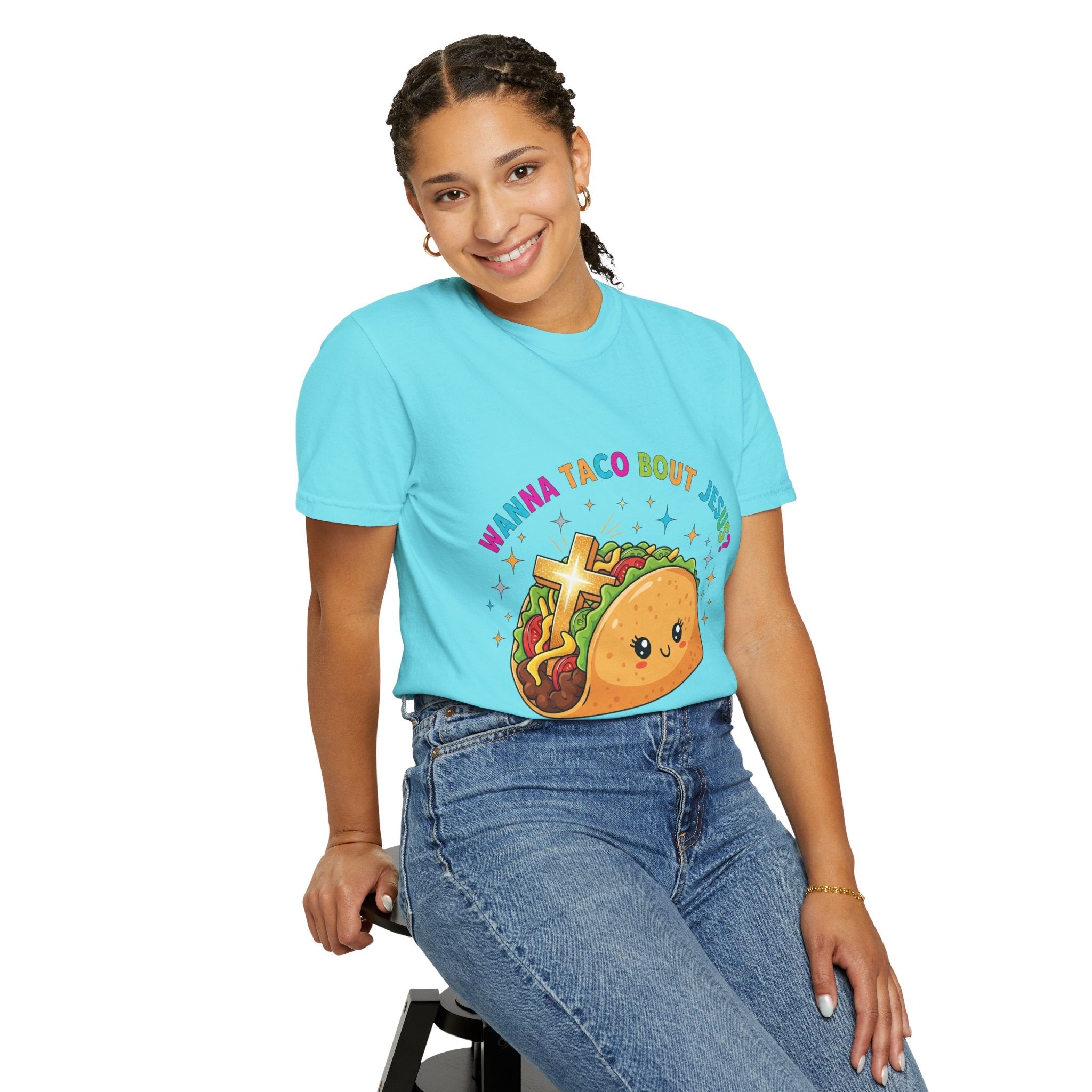 Wanna Taco 'Bout Jesus? Funny Christian Pun T-Shirt – Lettuce Pray & Share Faith! Printify