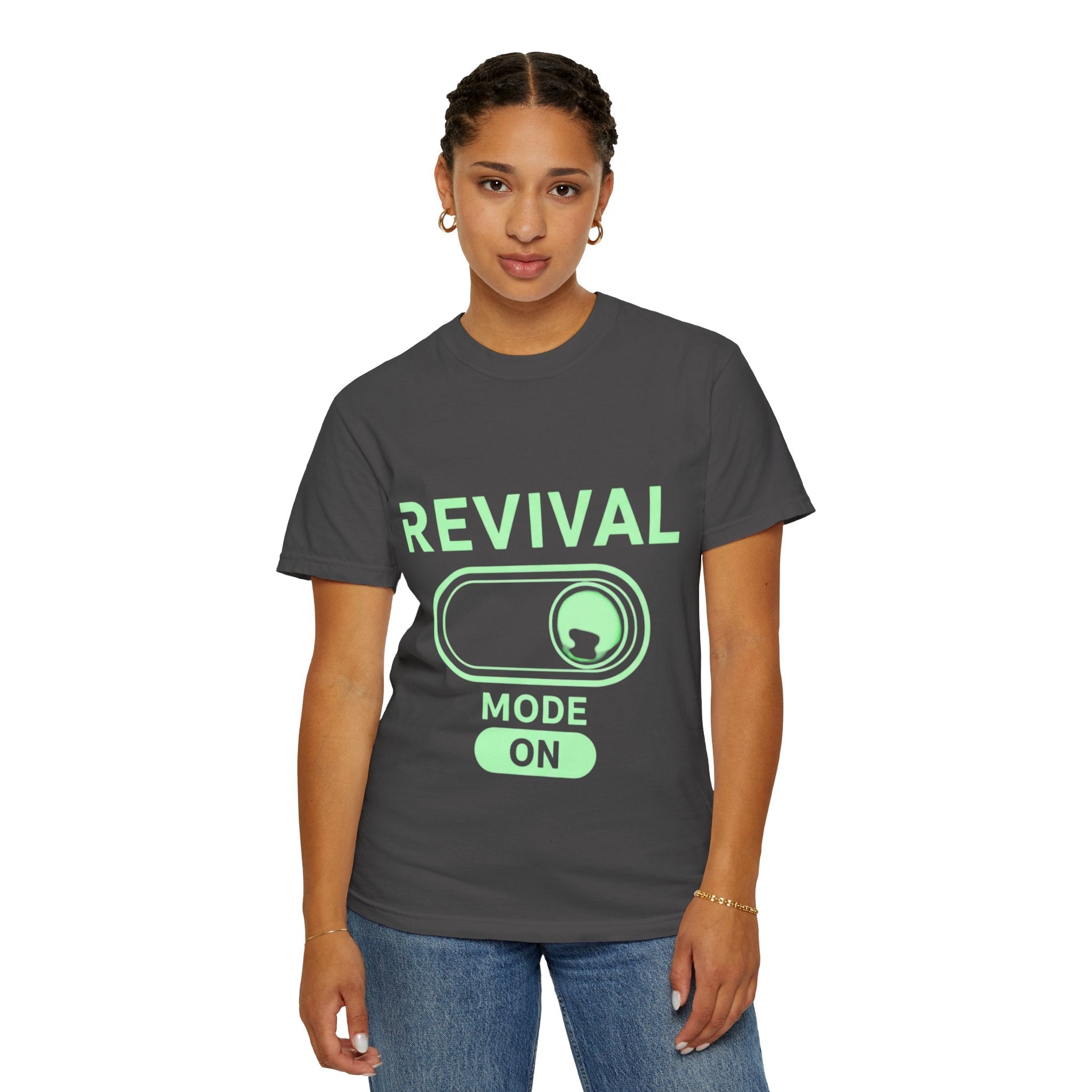 🔥 Revival Mode: ON – Christian Techwear T-Shirt | Glowing Green Faith Switch | Futuristic Jesus Shirt | Activate Your Spiritual Awakening | Uplifted Gear Printify