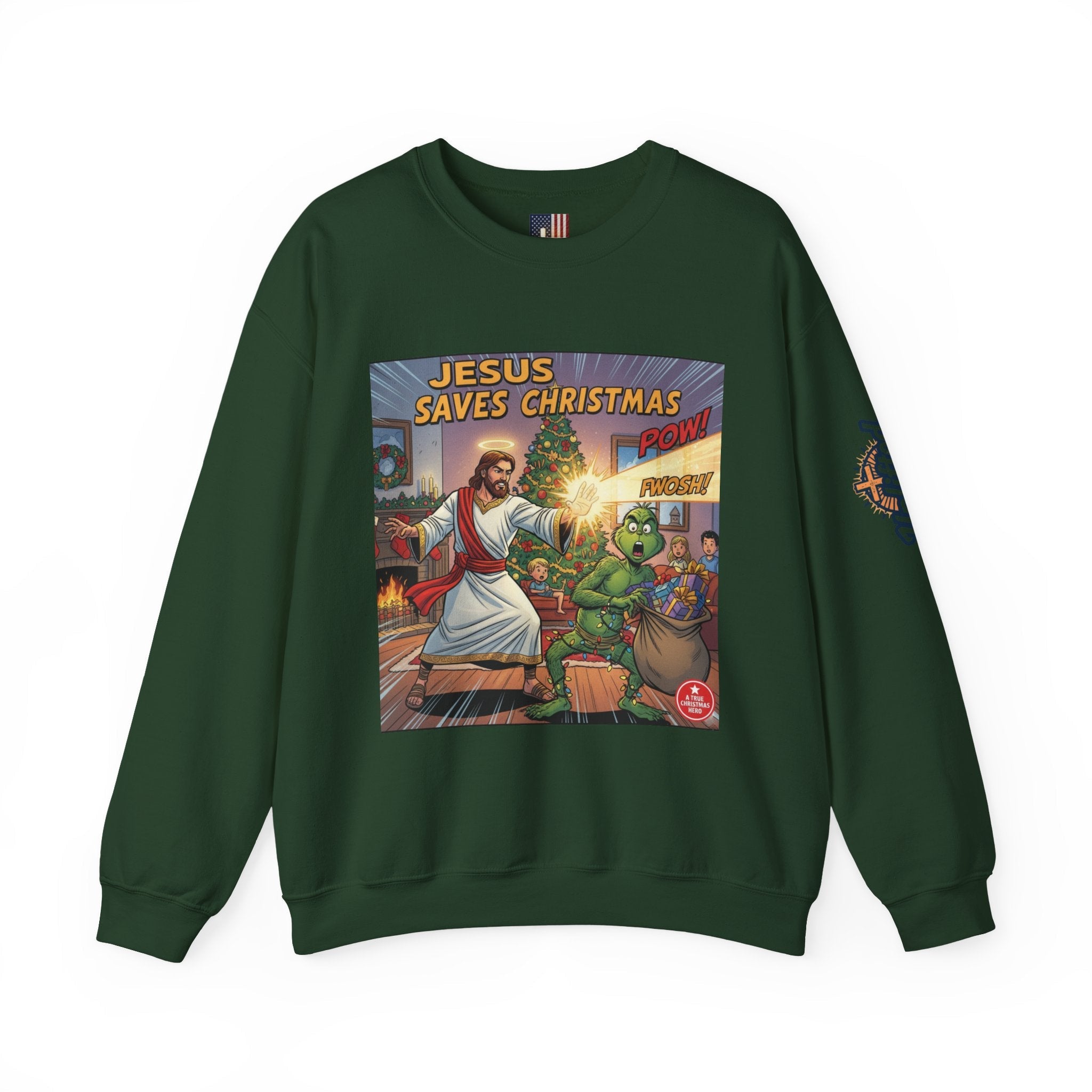 Jesus Saves Christmas Sweatshirt – Grinch vs Savior Light Battle Christian Sweatshirt for Hilarious Holiday Faith & True Joy Printify