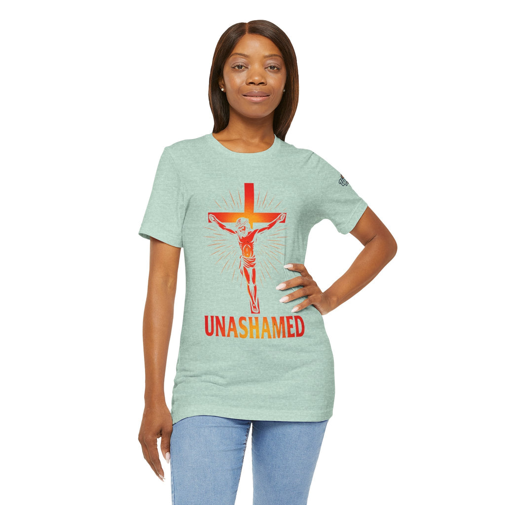 Unashamed T-shirt – Romans 1:16 Crucifixion Christian t-shirt for Bold Unwavering Faith Printify