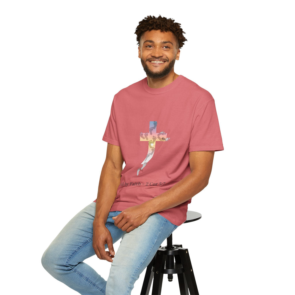 Walk by Faith T-Shirt – Cross & Footprints Christian Tee for Bold Believers Printify