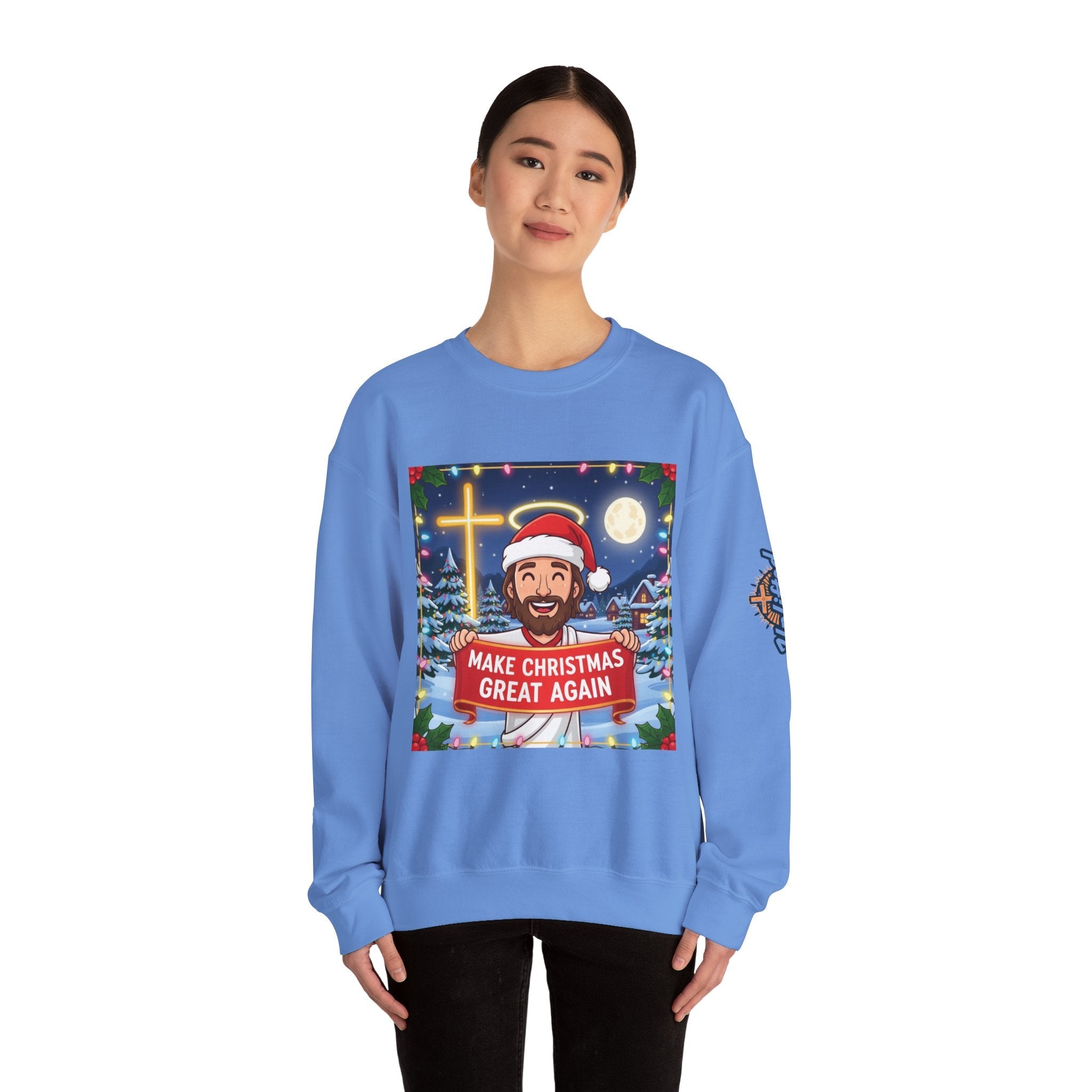 🎄 Make Christmas Great Again – Funny Christian Sweatshirt | Jesus Holding Banner | Faith-Based Holiday Parody Tee | Uplifted Gear Printify