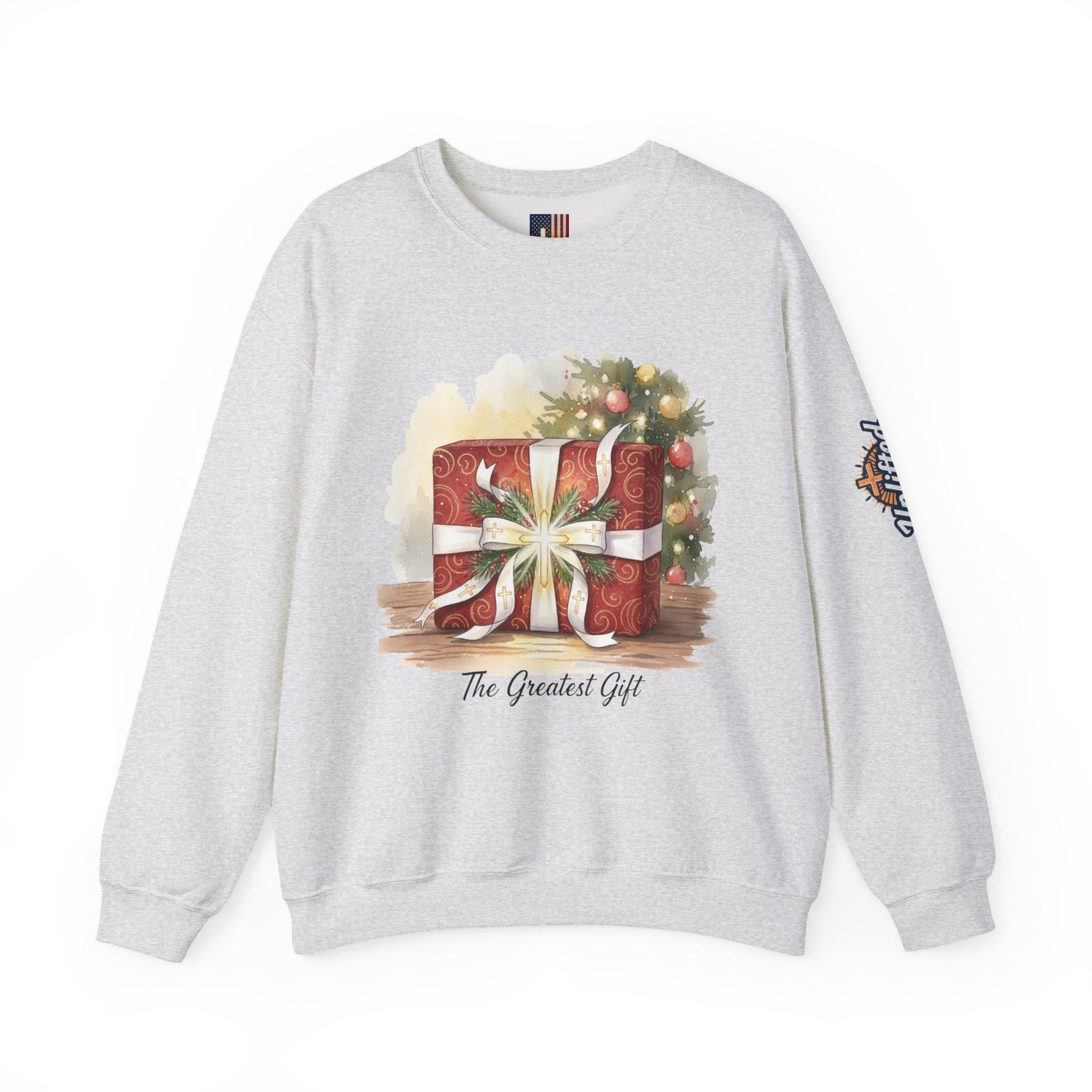 The Greatest Gift Sweatshirt – Cross Bow Present Christian Sweatshirt for Christmas Salvation & Eternal Faith Printify