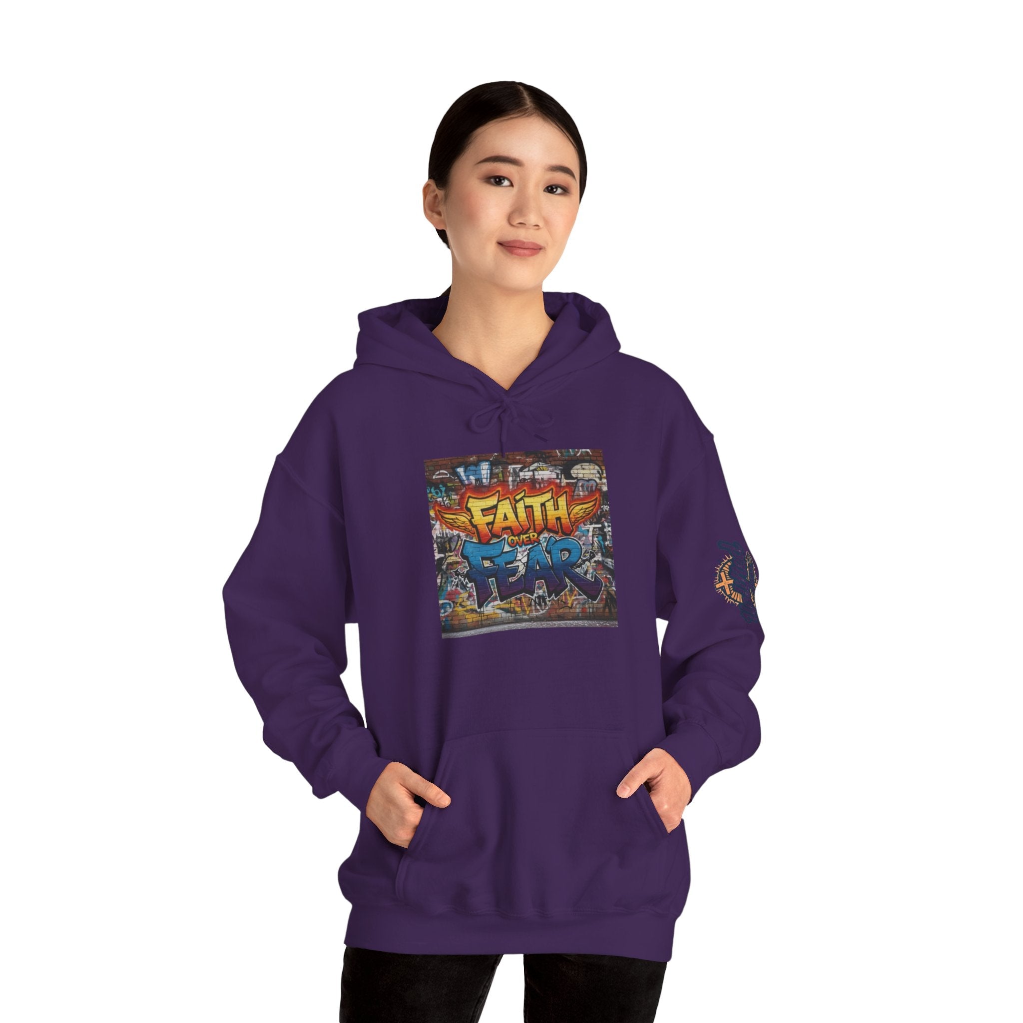 Faith Over Fear Hoodie – Graffiti Wall Christian Sweatshirt for Bold 2 Corinthians 5:7 Streetwear & Unshakable Faith Printify