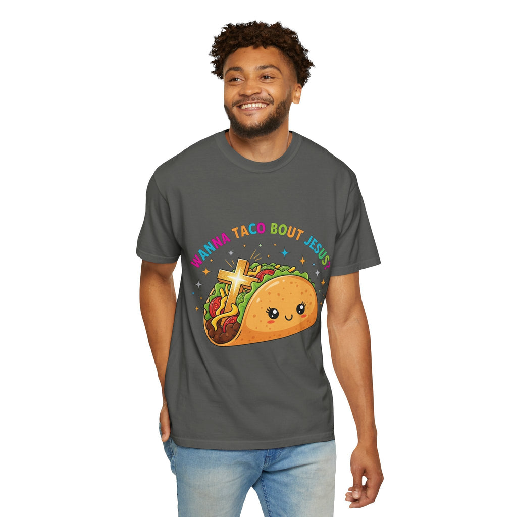 Wanna Taco 'Bout Jesus? Funny Christian Pun T-Shirt – Lettuce Pray & Share Faith! Printify