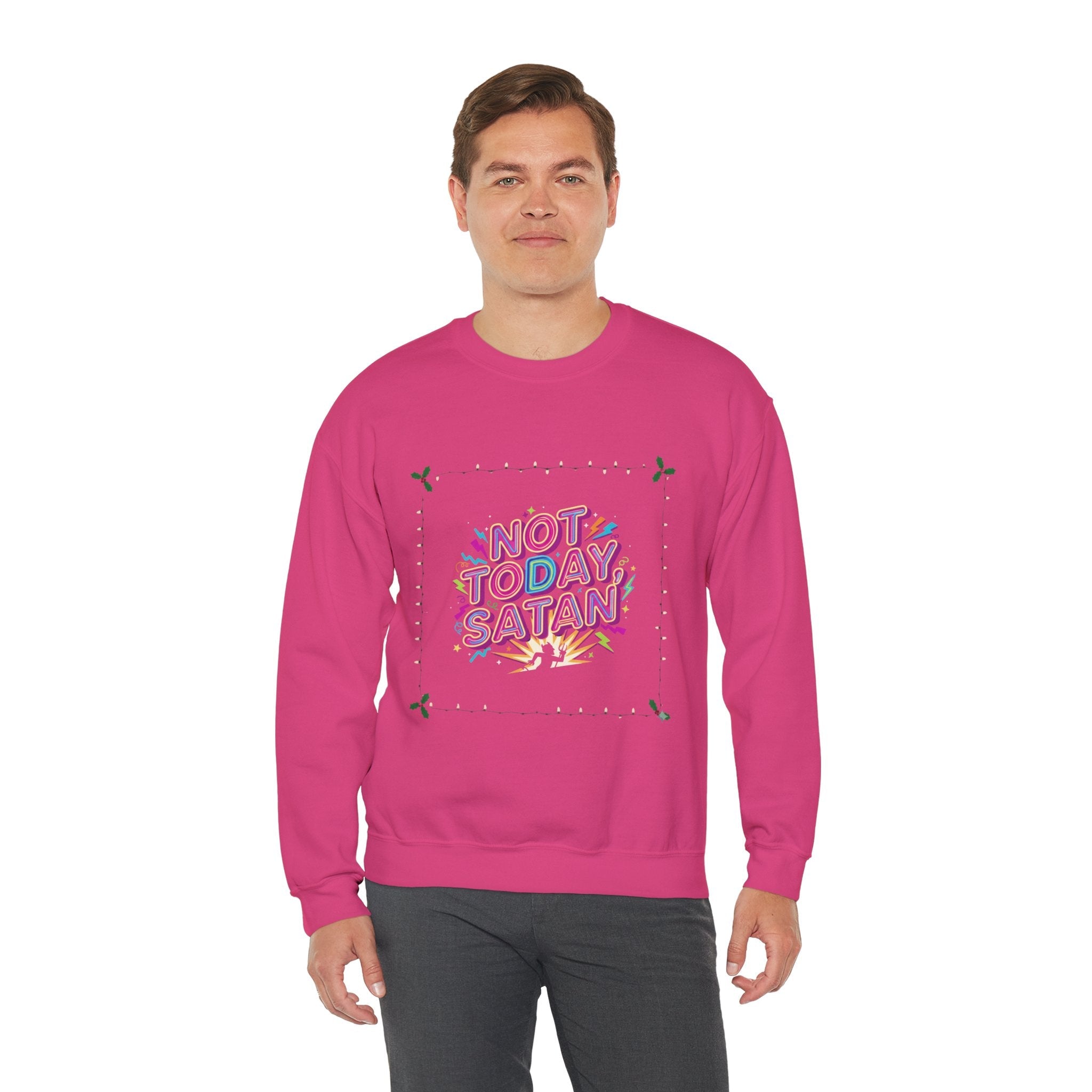 🔥 Not Today, Satan – Retro 90s Christian Sweatshirt | Neon Faith Tee | Funky Cartoon Devil | Bold Bible Verse Shirt | Uplifted Gear Printify