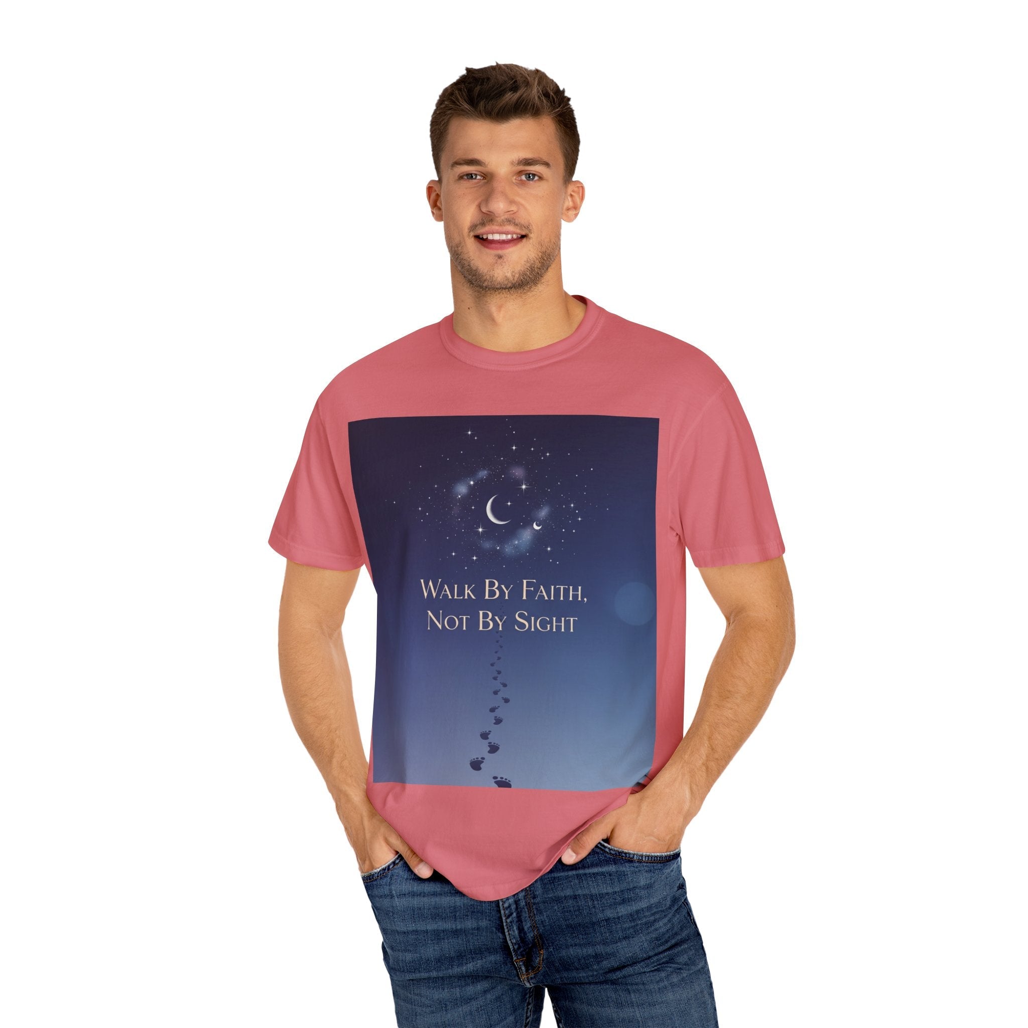 Walk by Faith, Not by Sight T-Shirt – Footprints in the Sand Christian Moonlit Tee Printify