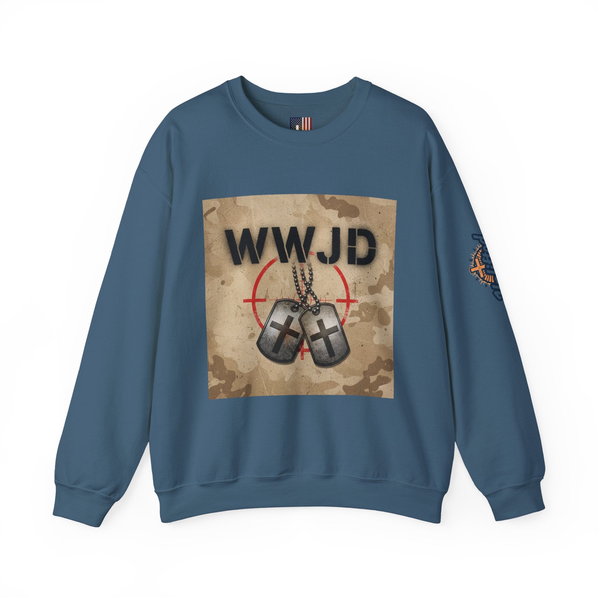 WWJD Sweatshirt – Military Dog Tags What Would Jesus Do Camo Christian Sweatshirt for Bold Faith & Streetwear Printify