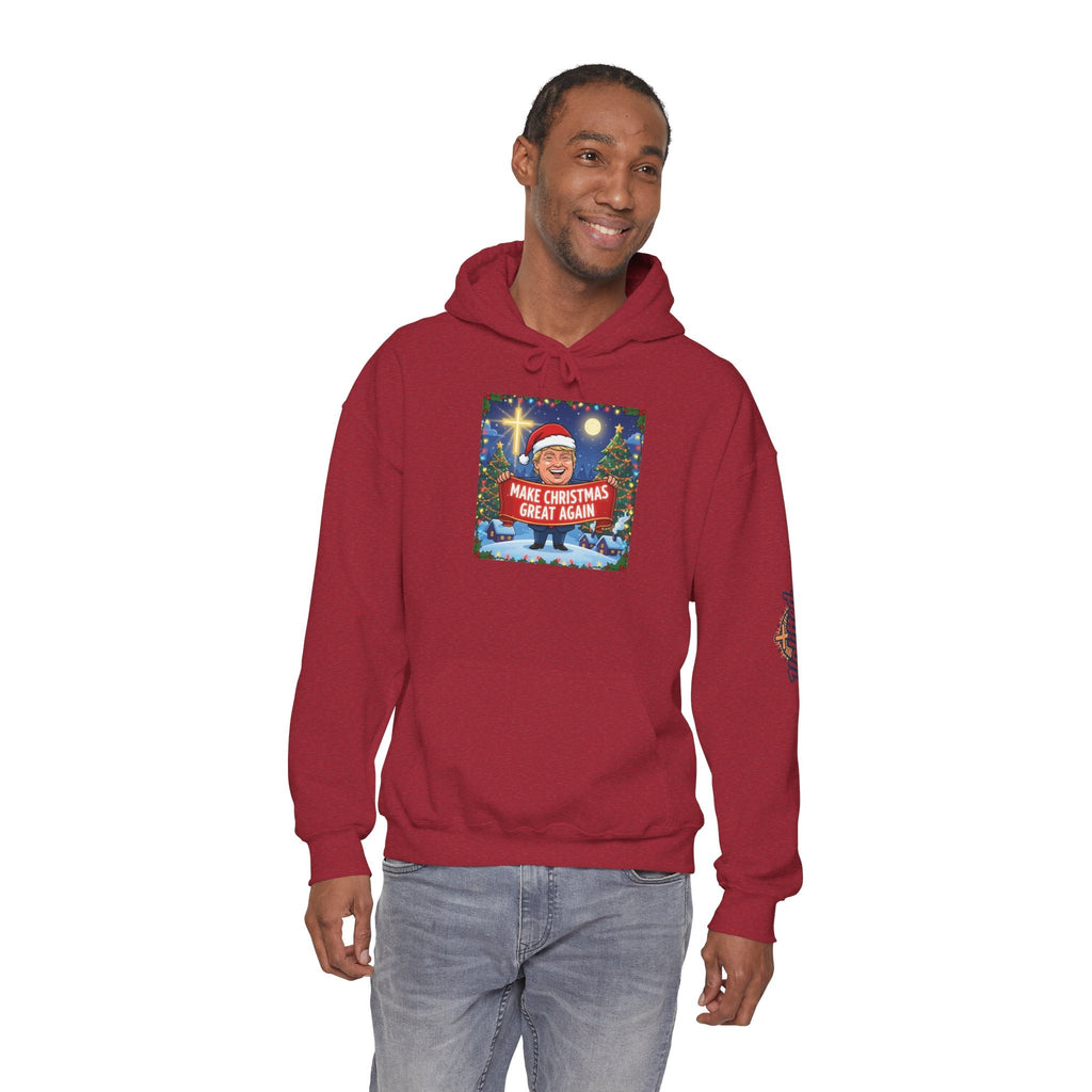 🎄 Make Christmas Great Again – Patriotic Christian Christmas Hoodie | Bold Holiday Faith Tee | Red & White Banner Design | Uplifted Gear Printify