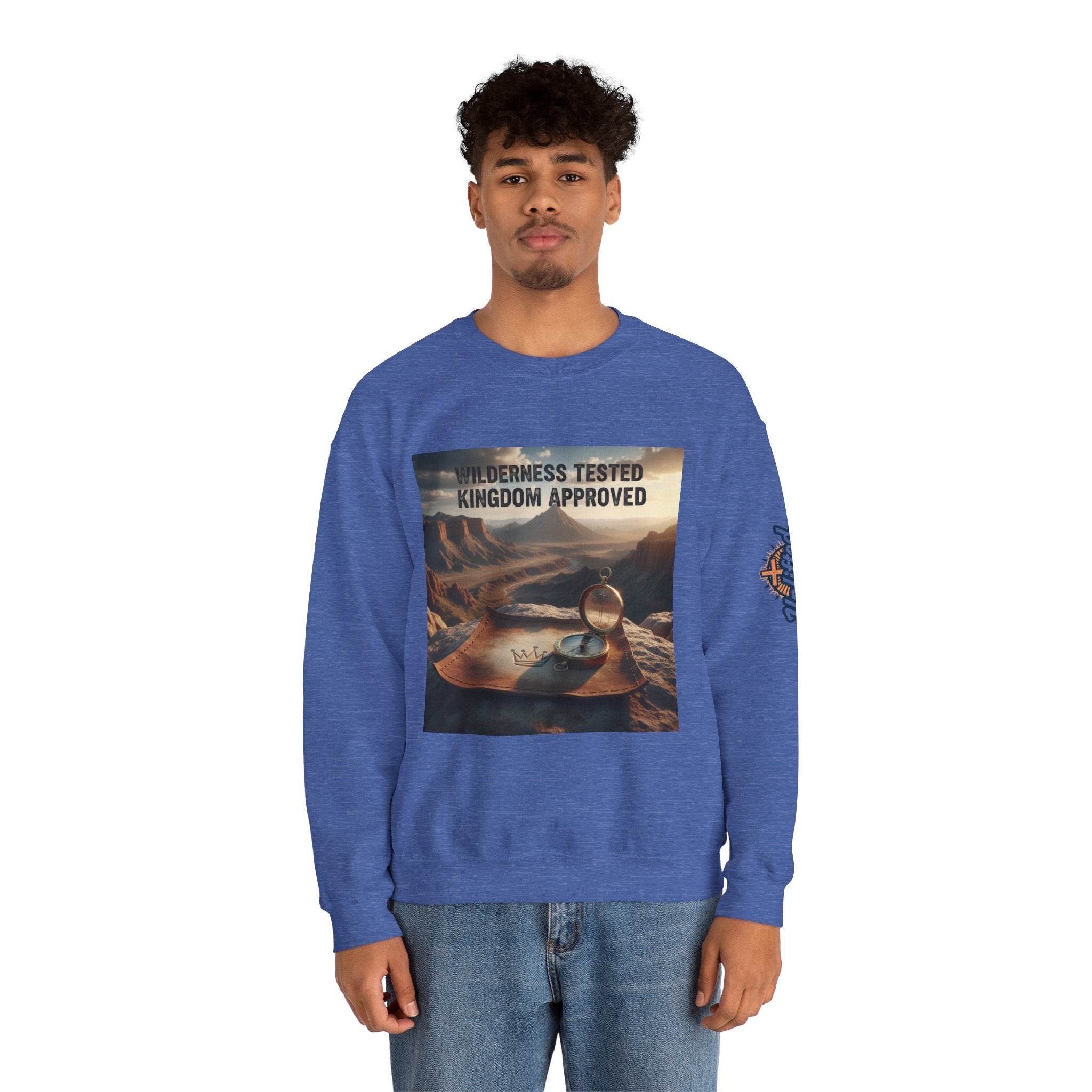 Wilderness Tested Kingdom Approved Sweatshirt – Mountain Desert Compass Crown Christian Sweatshirt for Biblical Adventure Faith Printify