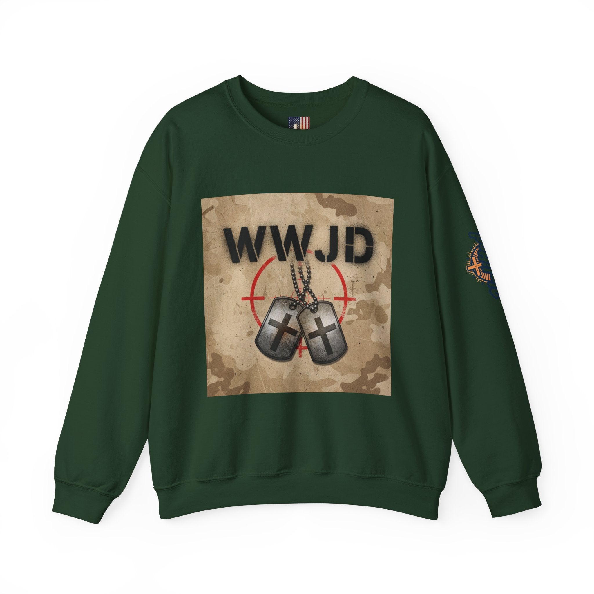 WWJD Sweatshirt – Military Dog Tags What Would Jesus Do Camo Christian Sweatshirt for Bold Faith & Streetwear Printify