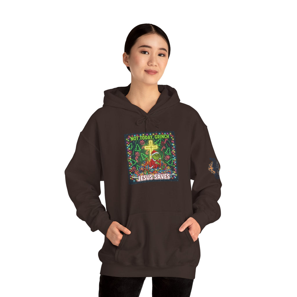 🎄 Not Today, Grinch – Jesus Saves | Funny Christian Christmas Hoodie | Festive Green & Red Cartoon Style | Bold Faith Holiday Tee by Uplifted Gear Printify