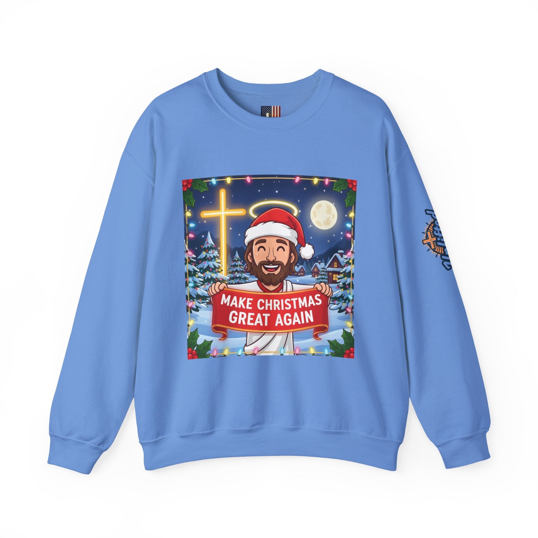 🎄 Make Christmas Great Again – Funny Christian Sweatshirt | Jesus Holding Banner | Faith-Based Holiday Parody Tee | Uplifted Gear Printify