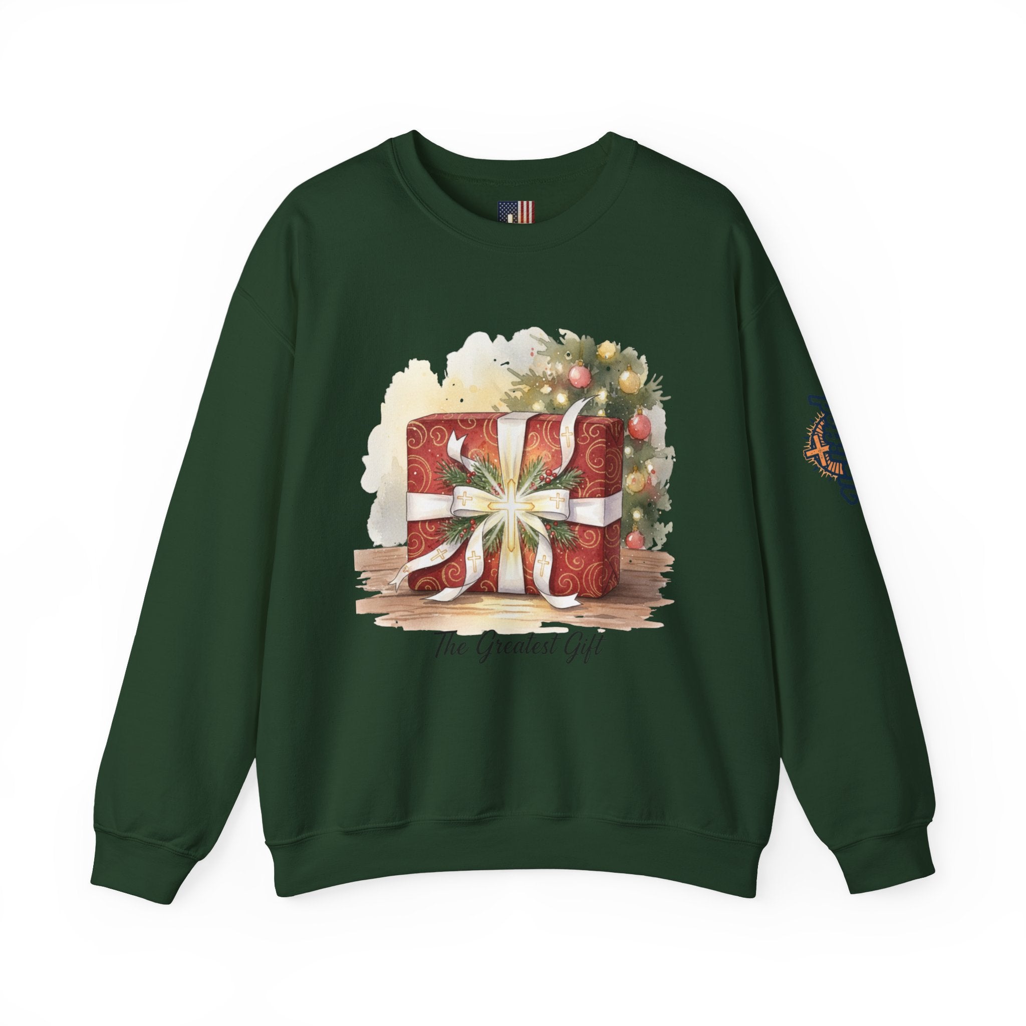 The Greatest Gift Sweatshirt – Cross Bow Present Christian Sweatshirt for Christmas Salvation & Eternal Faith Printify