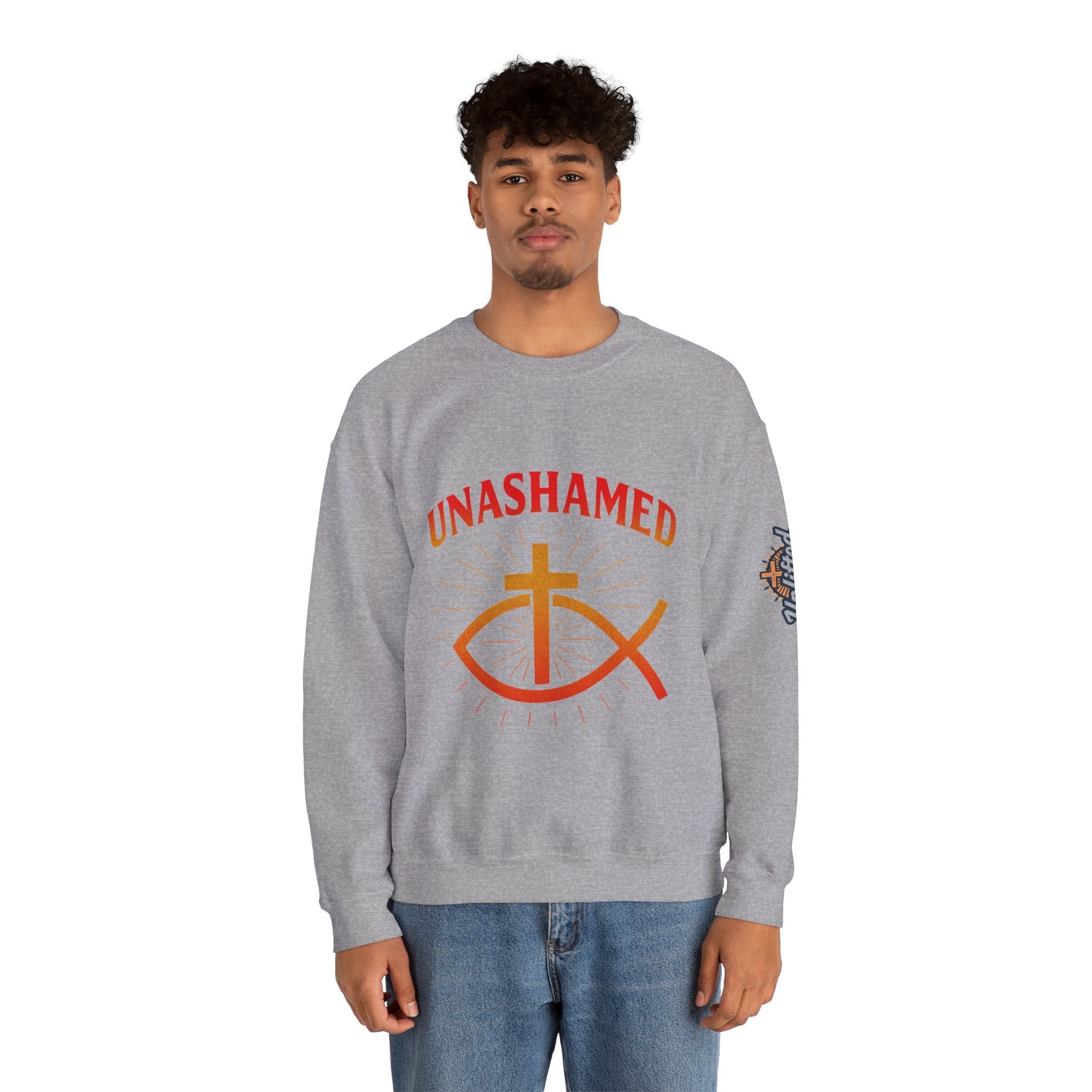 Unashamed Sweatshirt – Ichthys Jesus Fish & Cross Christian Sweatshirt for Romans 1:16 Bold Faith Printify