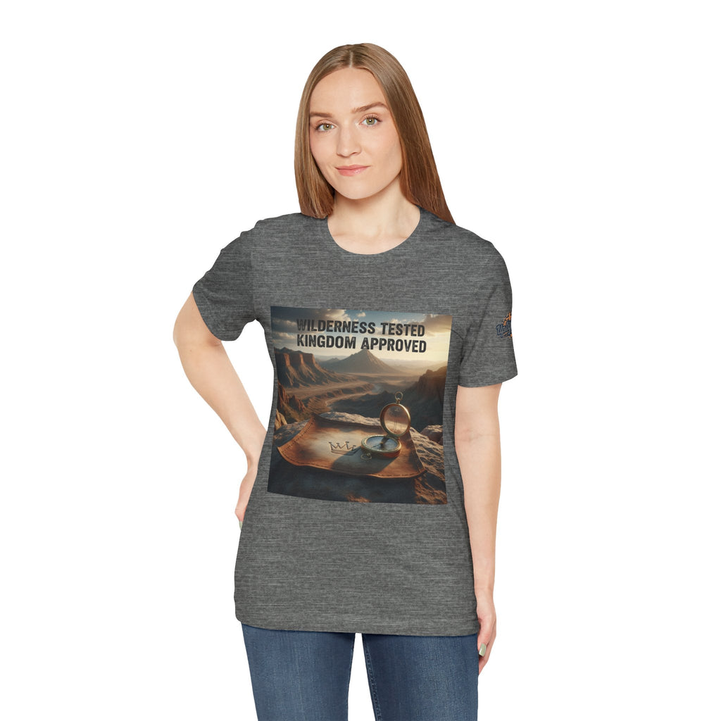 Wilderness Tested Kingdom Approved T-shirt – Mountain Desert Compass Crown Christian T-shirt for Biblical Adventure Faith Printify