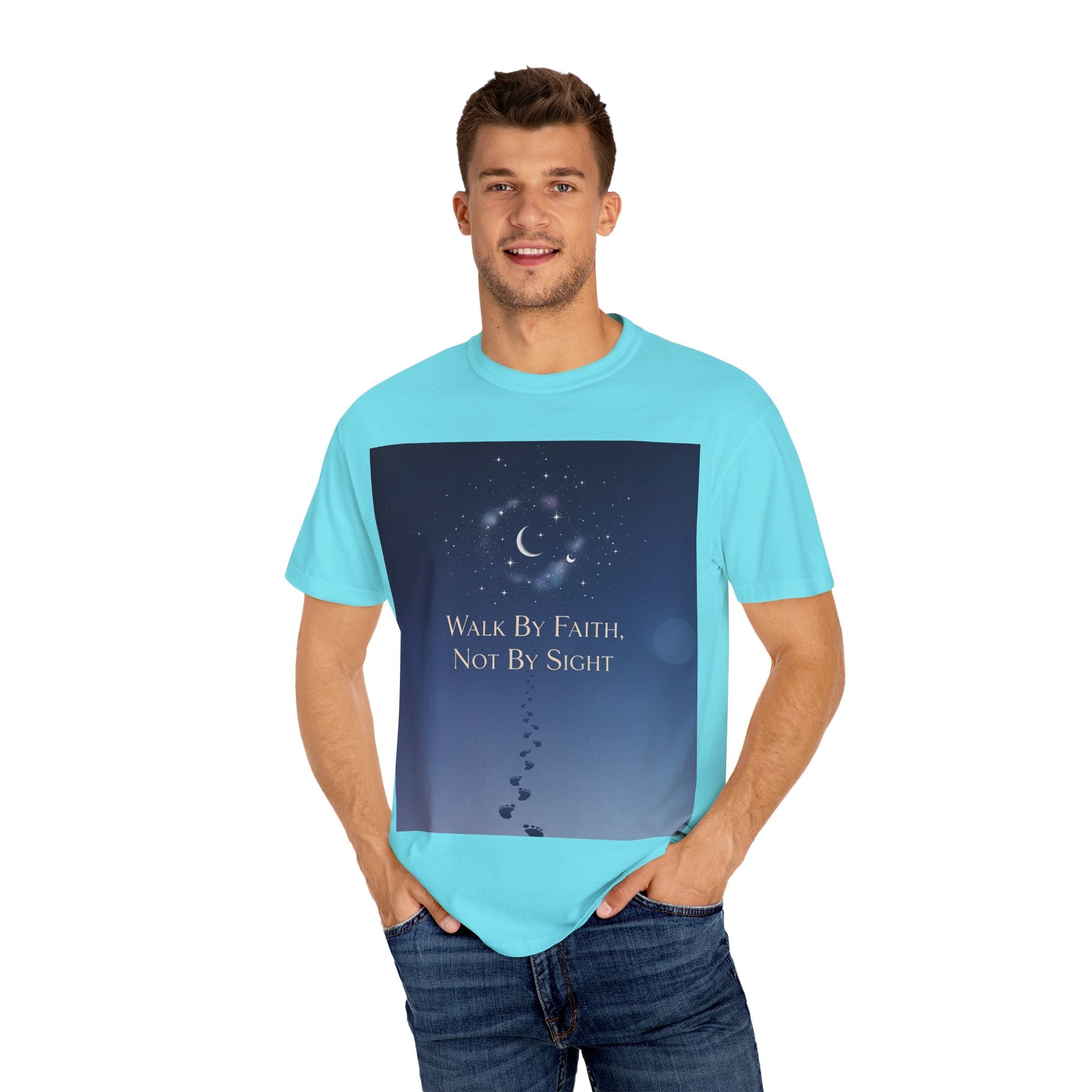 Walk by Faith, Not by Sight T-Shirt – Footprints in the Sand Christian Moonlit Tee Printify