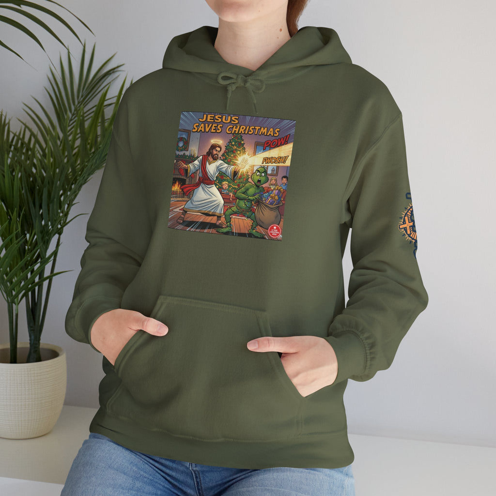 Jesus Saves Christmas Hoodie – Grinch vs Savior Light Battle Christian Sweatshirt for Hilarious Holiday Faith & True Joy Printify