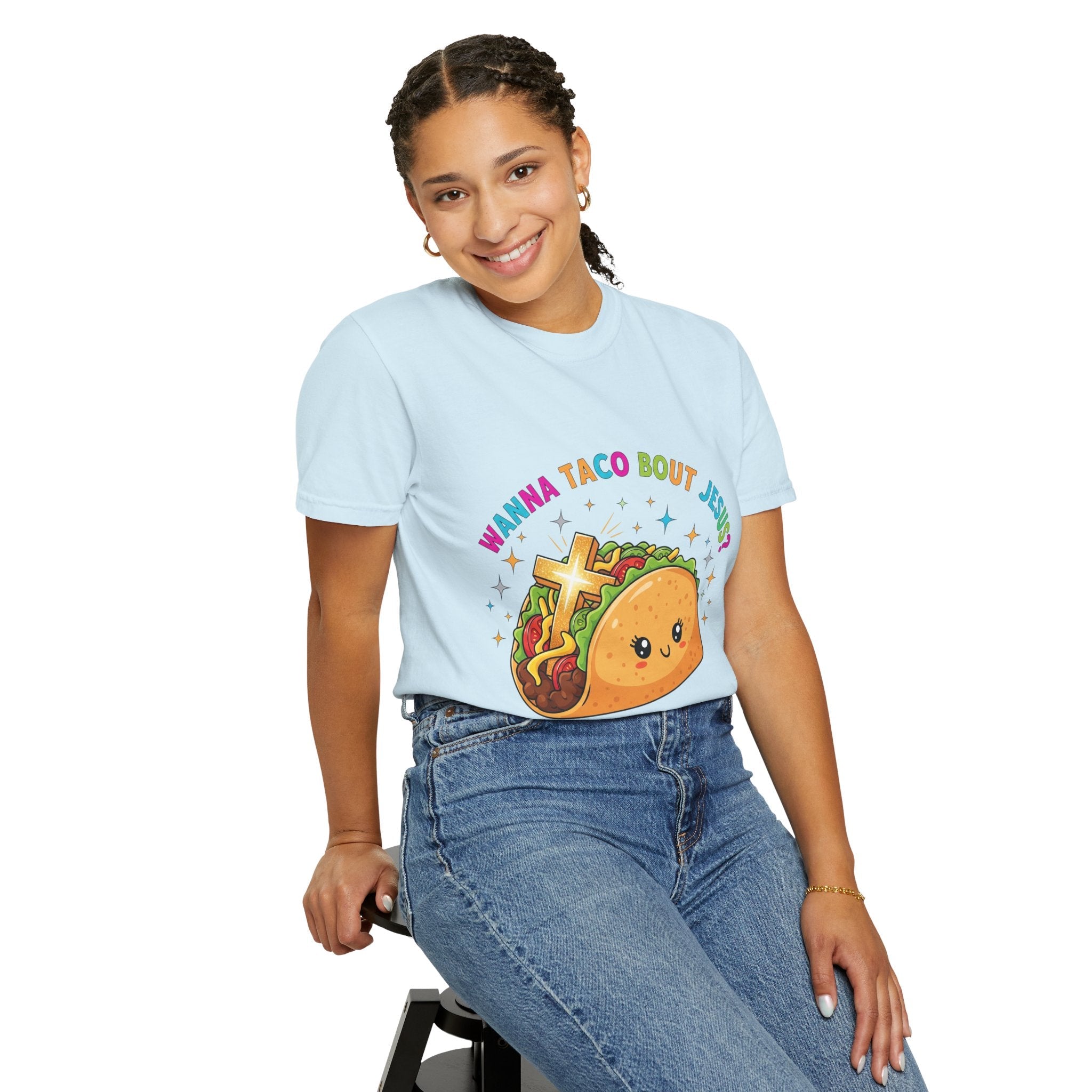 Wanna Taco 'Bout Jesus? Funny Christian Pun T-Shirt – Lettuce Pray & Share Faith! Printify