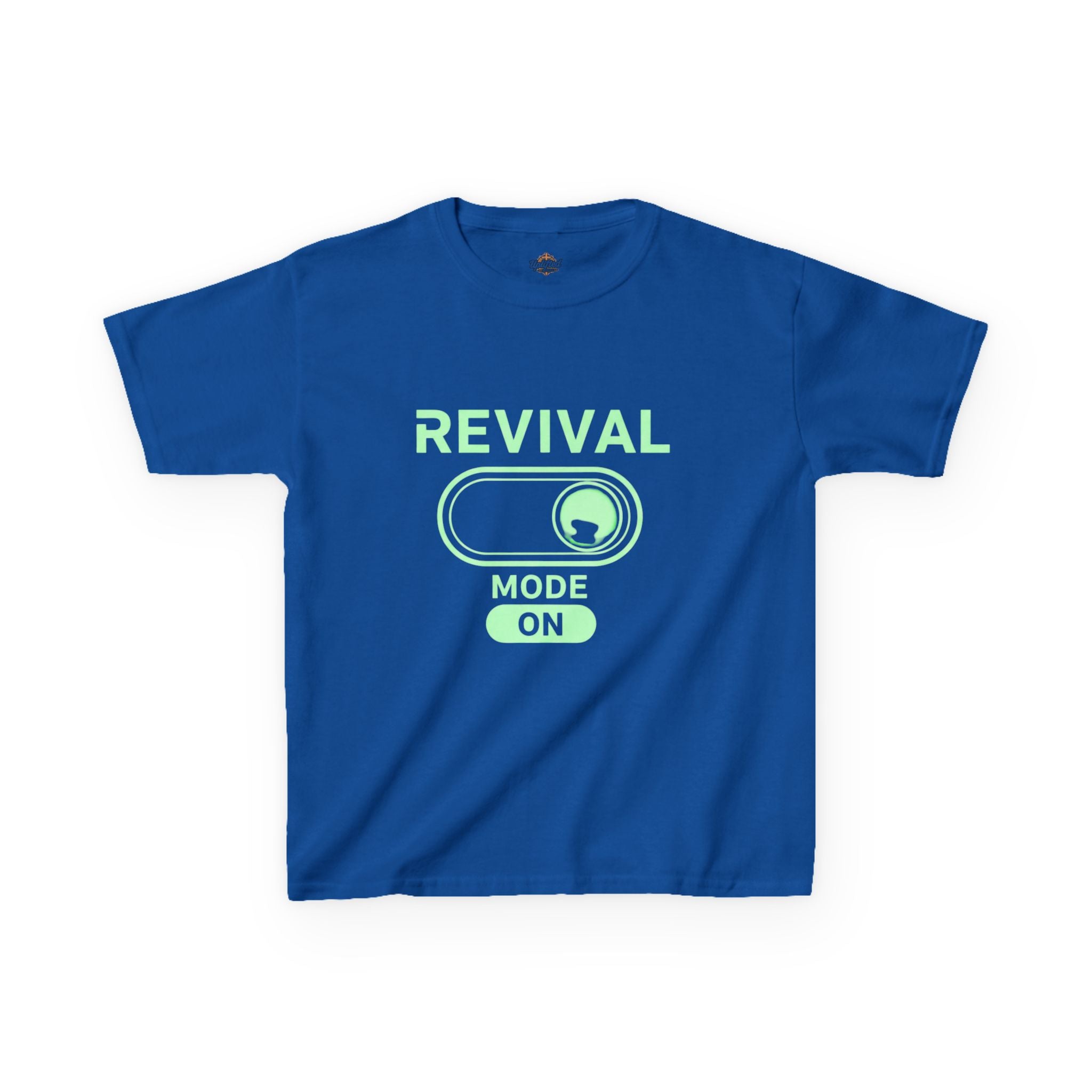 🔥 Revival Mode: ON – Christian Techwear Kids T-Shirt | Glowing Green Faith Switch | Futuristic Jesus Shirt | Activate Your Spiritual Awakening | Uplifted Gear Printify