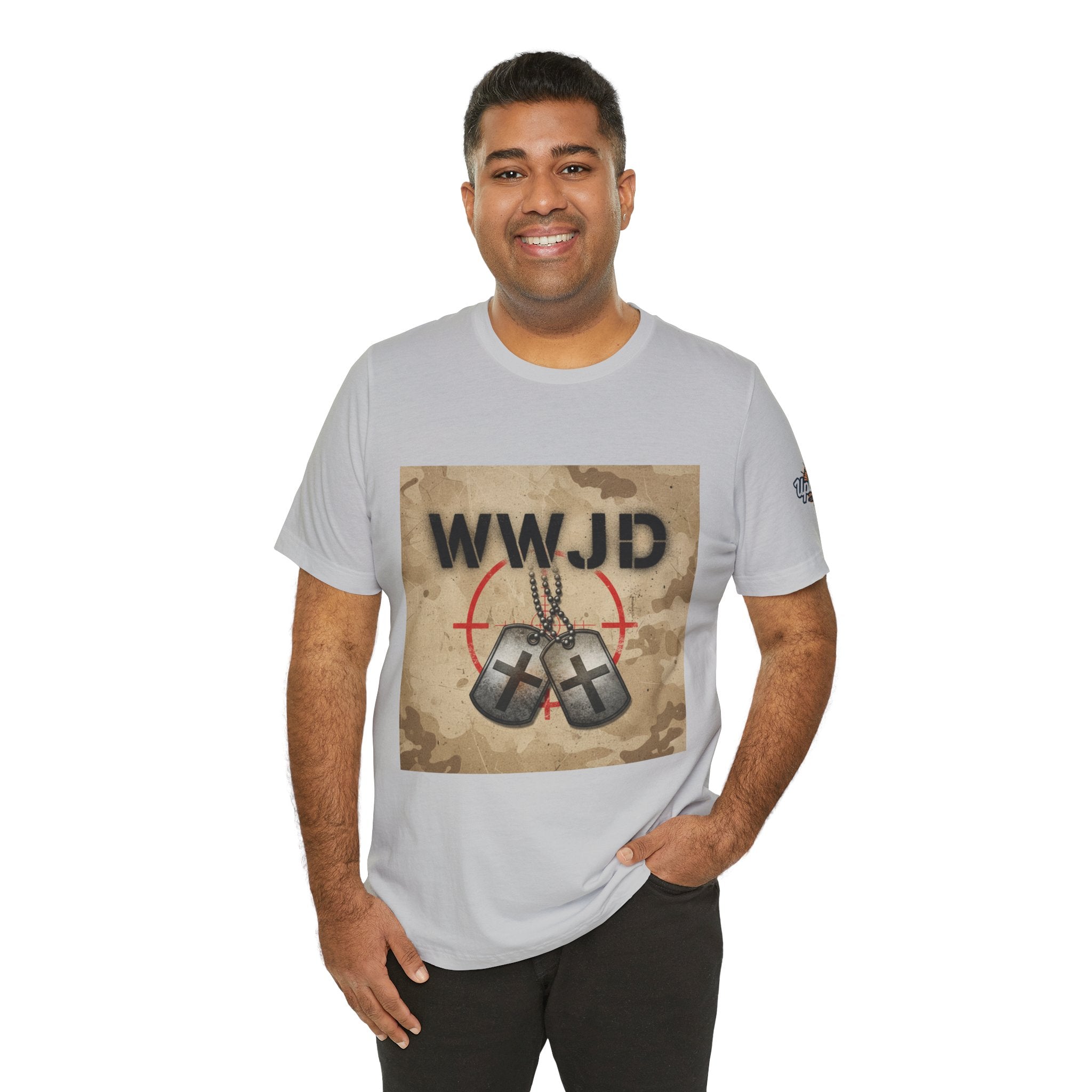 WWJD T-shirt – Military Dog Tags What Would Jesus Do Camo Christian T-shirt for Bold Faith & Streetwear Printify
