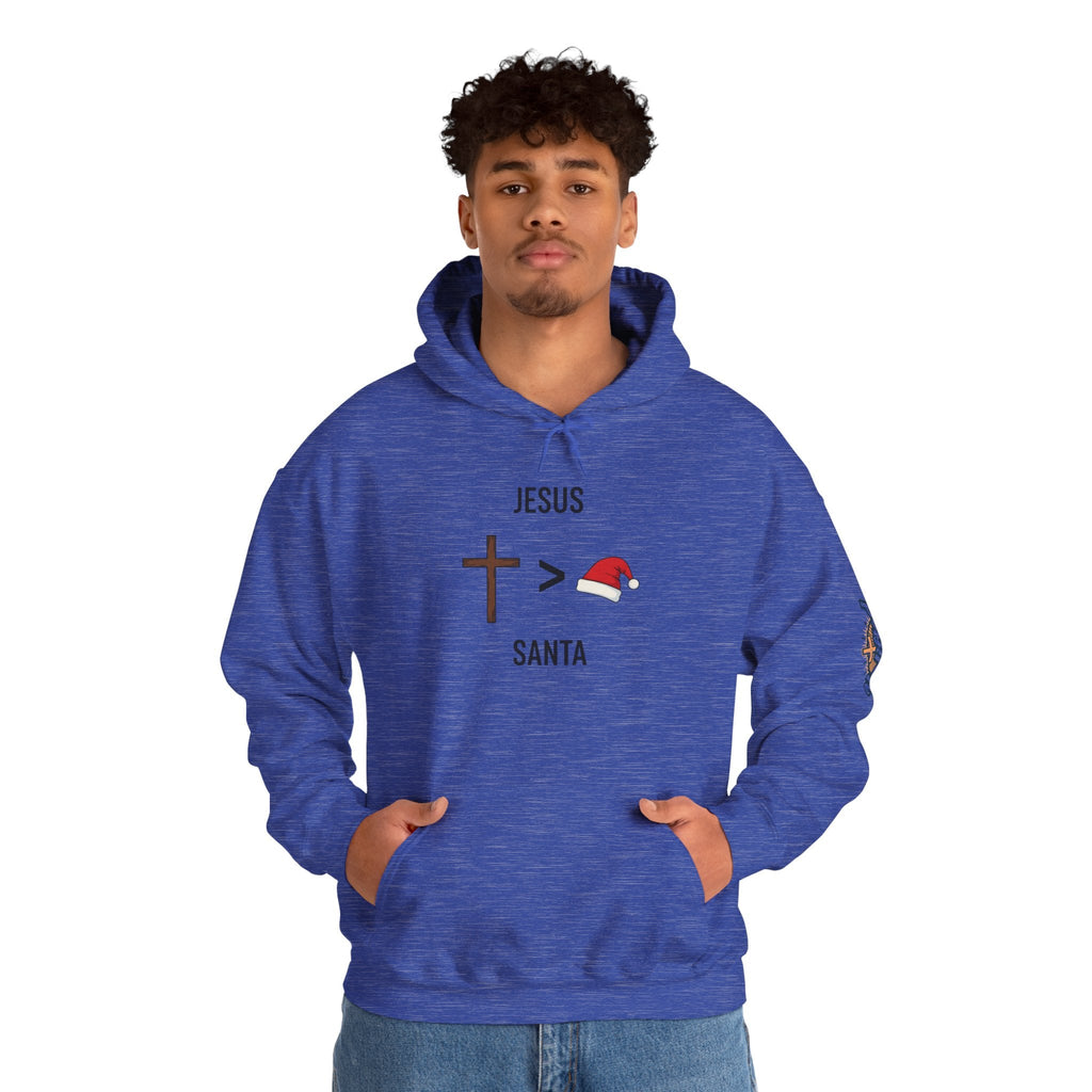 🎄 Jesus > Santa – Minimalist Christian Christmas Hoodie | Bold Faith Over Holiday Tee | Cross vs Santa Hat Design | Uplifted Gear Printify