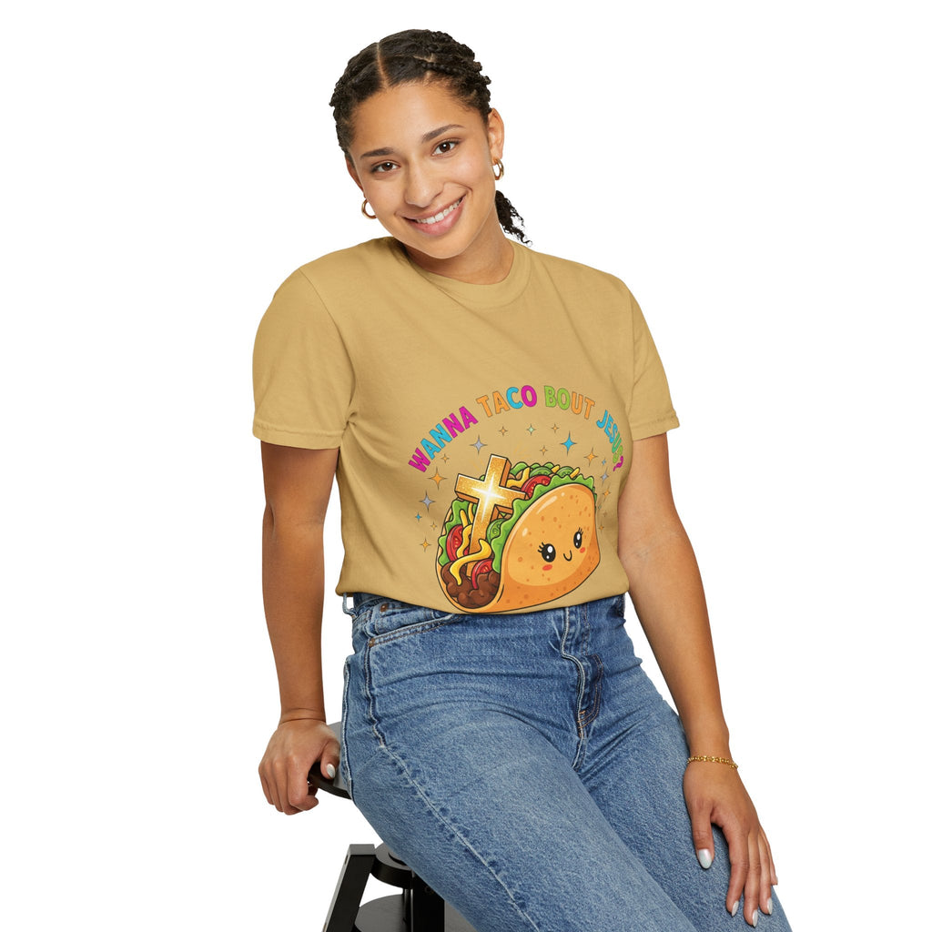 Wanna Taco 'Bout Jesus? Funny Christian Pun T-Shirt – Lettuce Pray & Share Faith! Printify