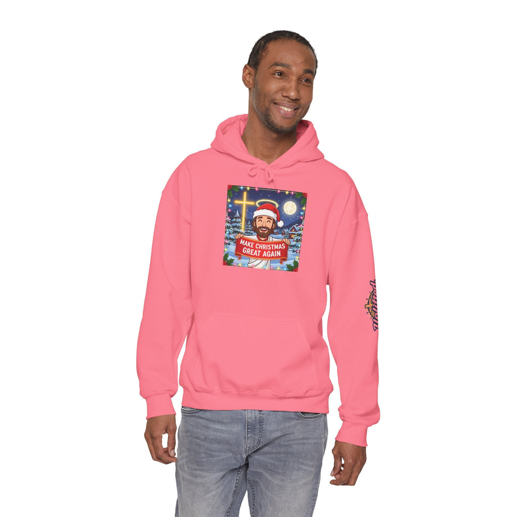 🎄 Make Christmas Great Again – Funny Christian Hoodie | Jesus Holding Banner | Faith-Based Holiday Parody Tee | Uplifted Gear Printify