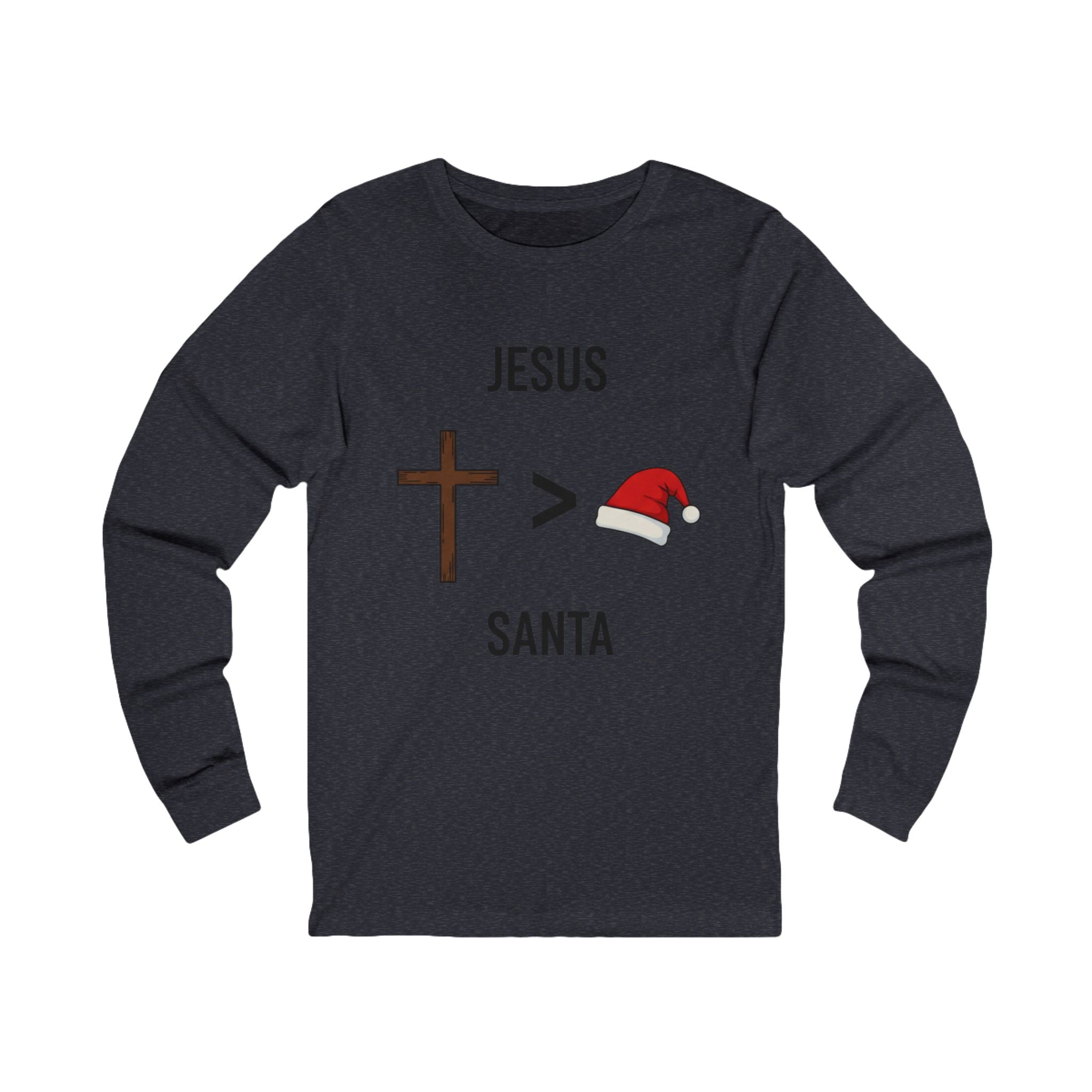 🎄 Jesus > Santa – Minimalist Christian Christmas Long Sleeve Shirt | Bold Faith Over Holiday Tee | Cross vs Santa Hat Design | Uplifted Gear Printify