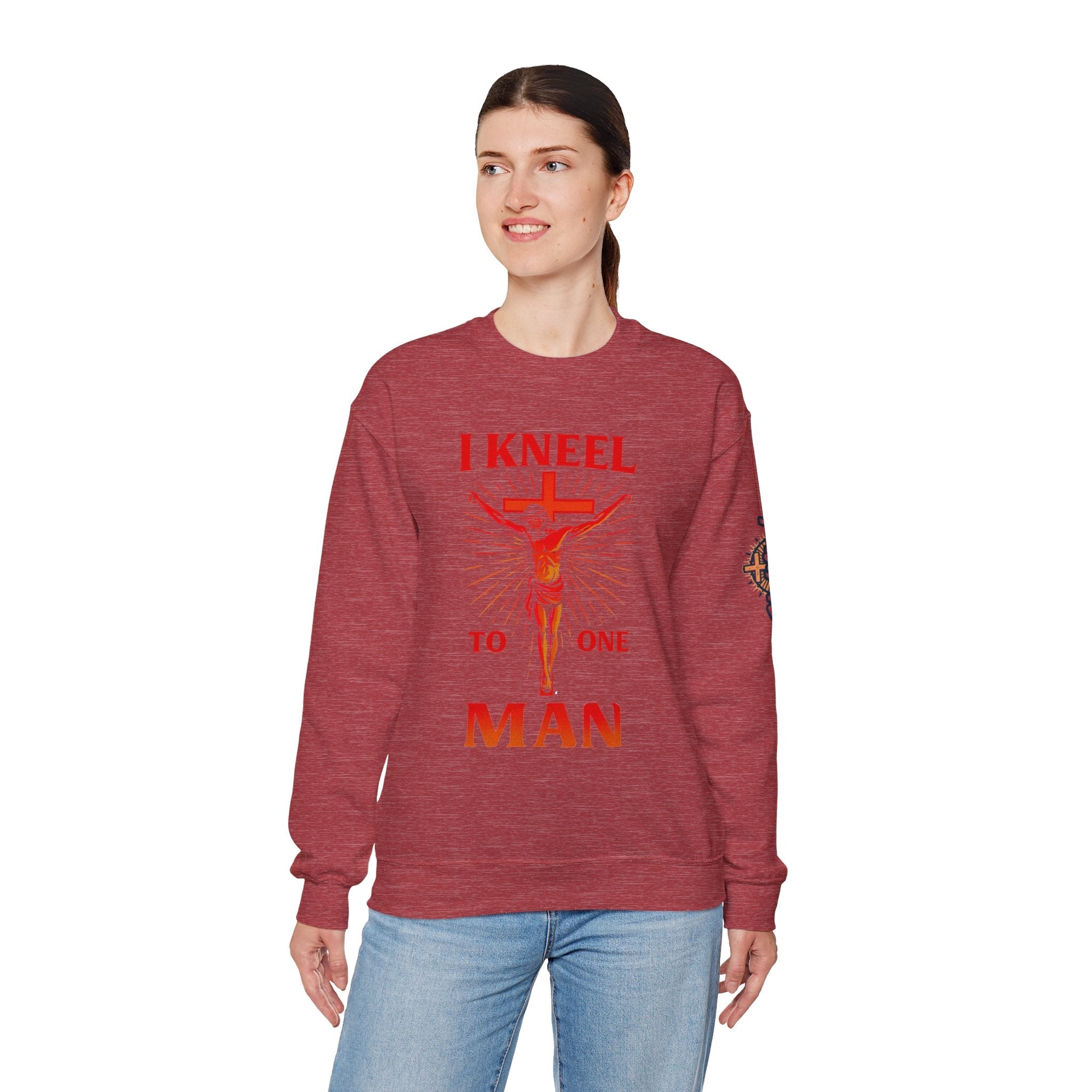 I Kneel to One Man Sweatshirt – Crucifixion Christian Sweatshirt for Unashamed Devotion & Bold Faith Printify