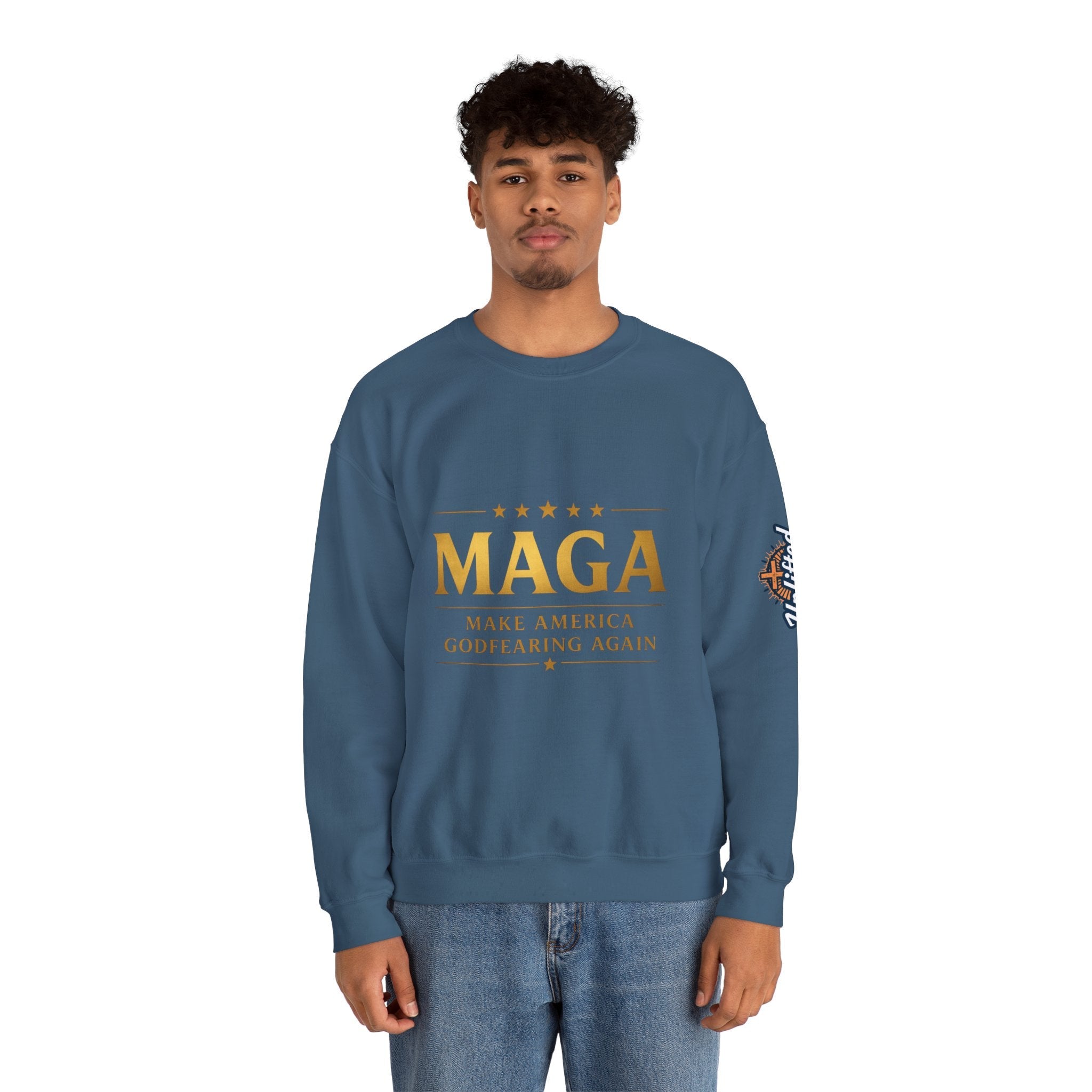 Sweatshirt — "MAGA Make America Godfearing Again" Gold Logo Crewneck Printify