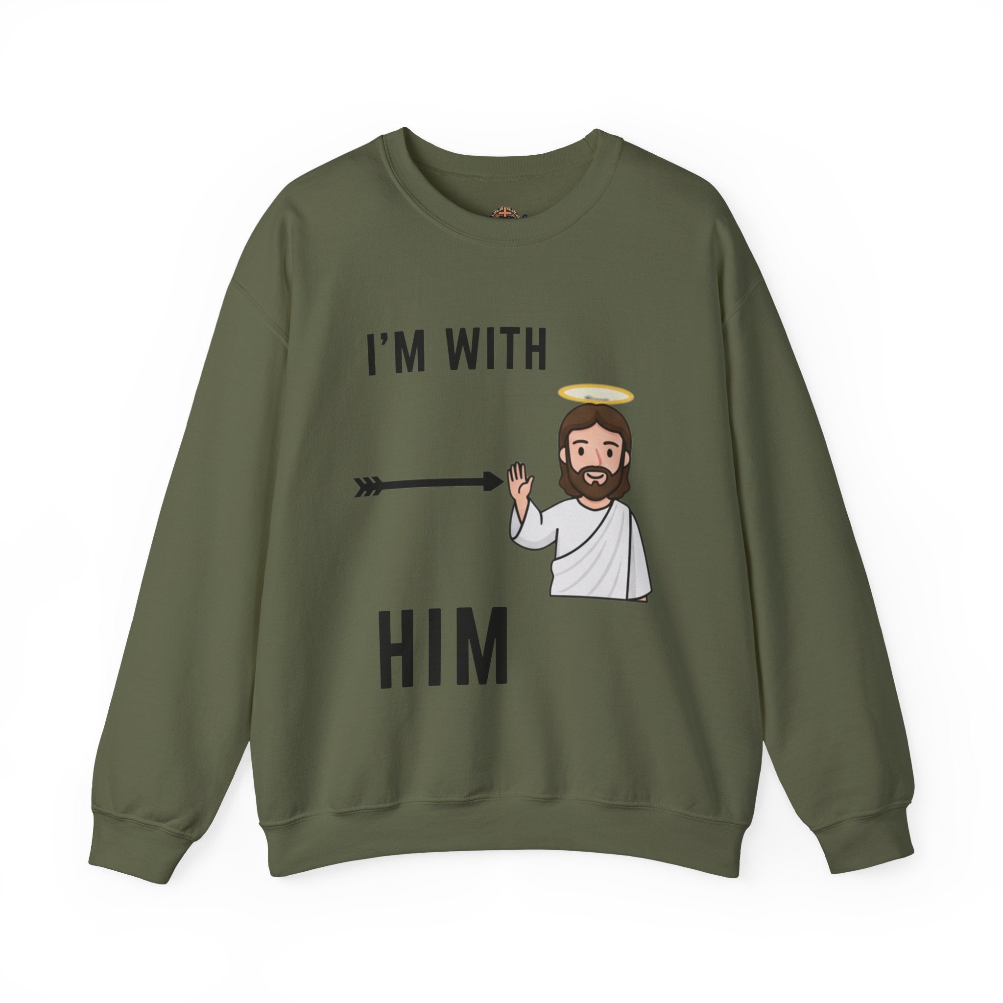 🔥 I’m With Him → Christian Sweatshirt | Arrow Pointing to Jesus | Minimalist Faith Tee | Subtle Cross Design | Bible-Inspired Apparel by Uplifted Gear Printify