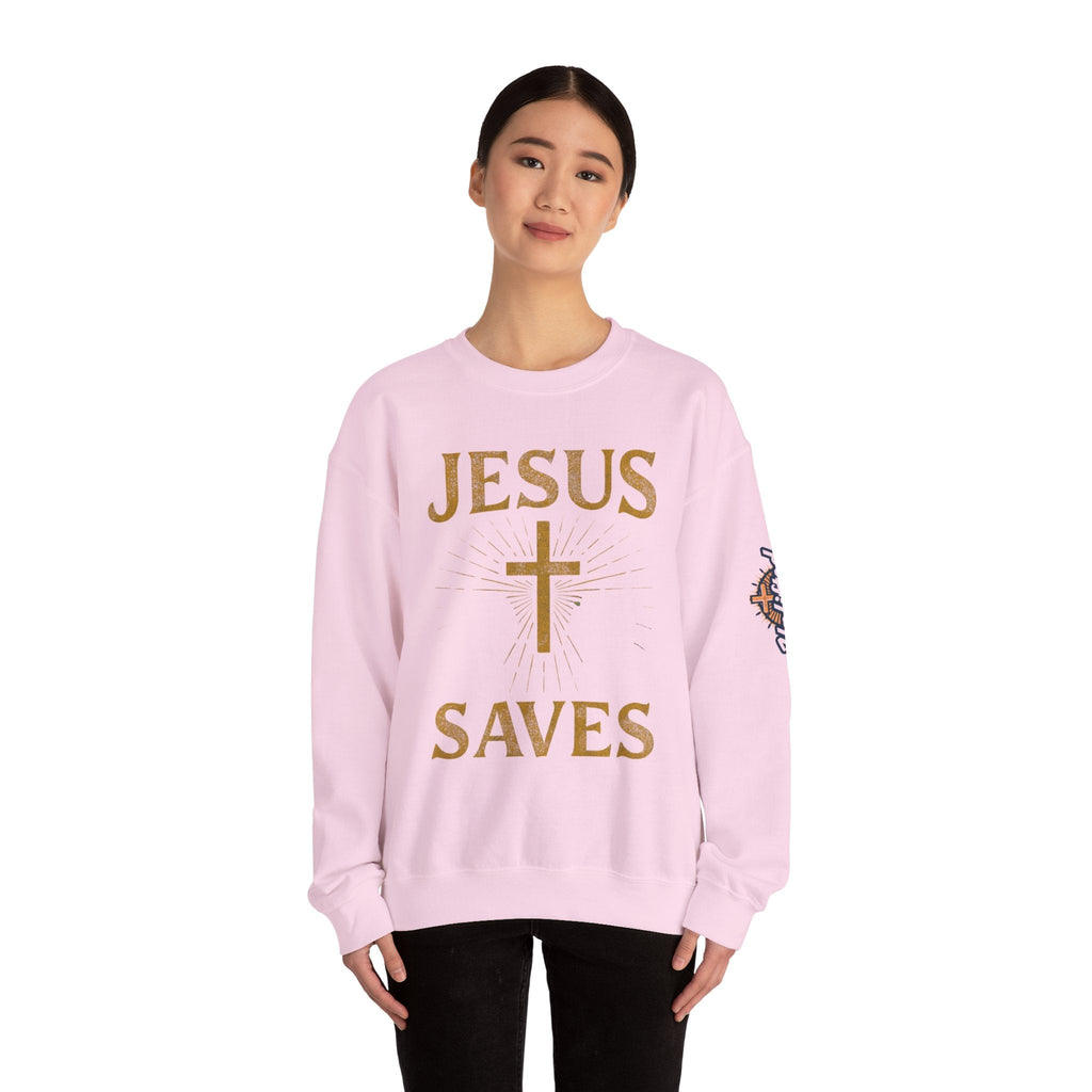 Jesus Saves Sweatshirt – Radiant Cross & Rays of Light Christian Sweatshirt for Eternal Hope & Faith Printify