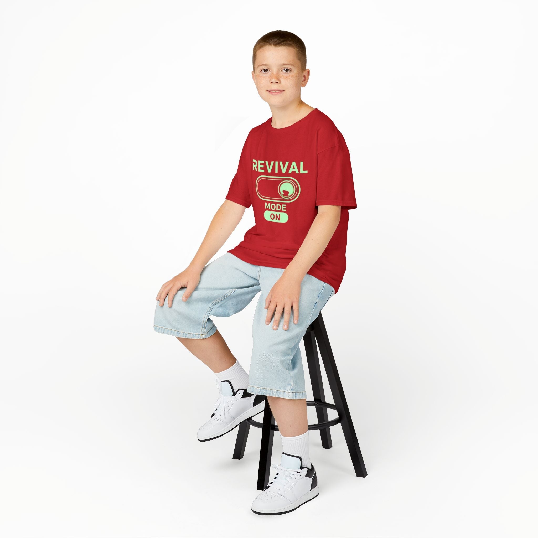 🔥 Revival Mode: ON – Christian Techwear Kids T-Shirt | Glowing Green Faith Switch | Futuristic Jesus Shirt | Activate Your Spiritual Awakening | Uplifted Gear Printify