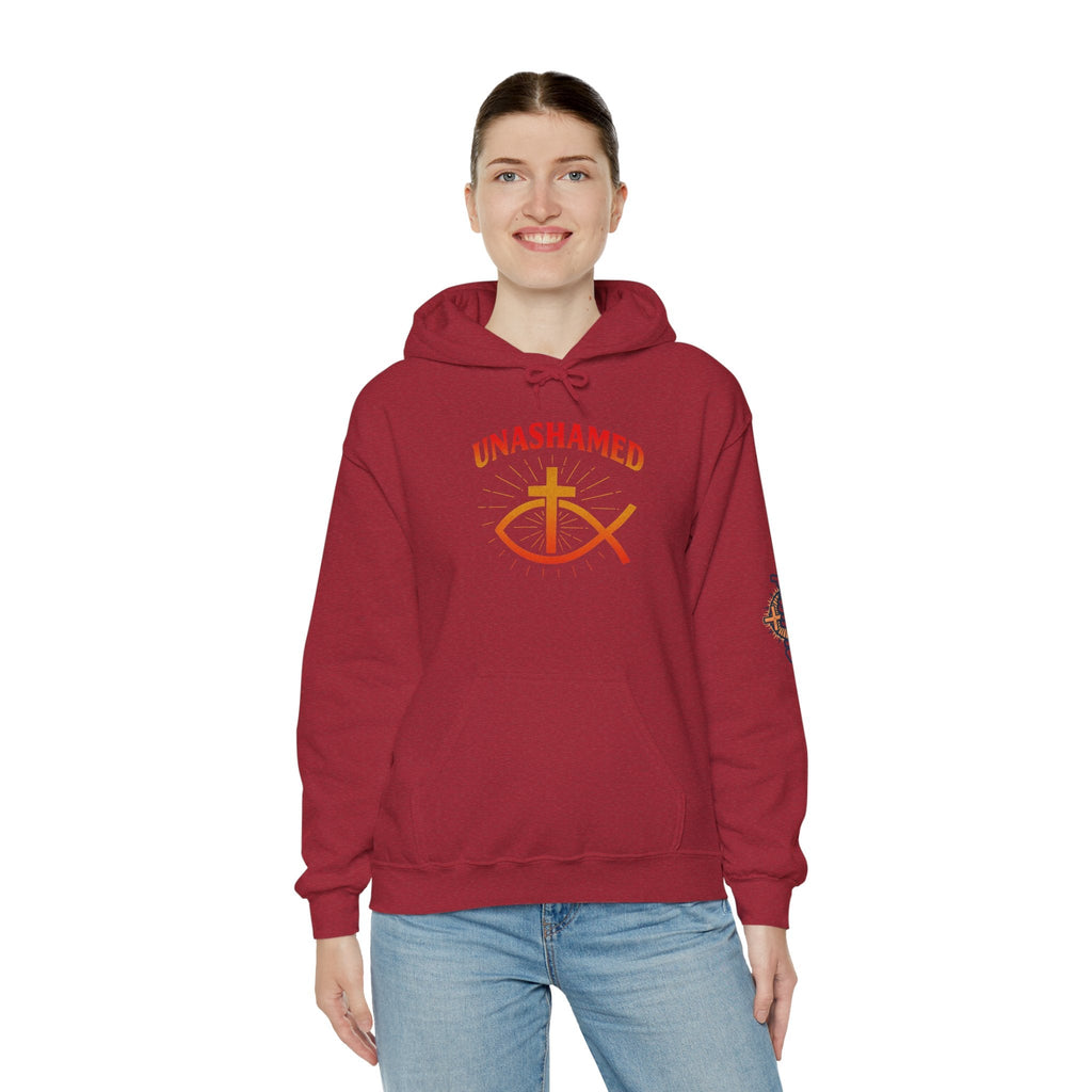 Unashamed Hoodie – Ichthys Jesus Fish & Cross Christian Sweatshirt for Romans 1:16 Bold Faith Printify
