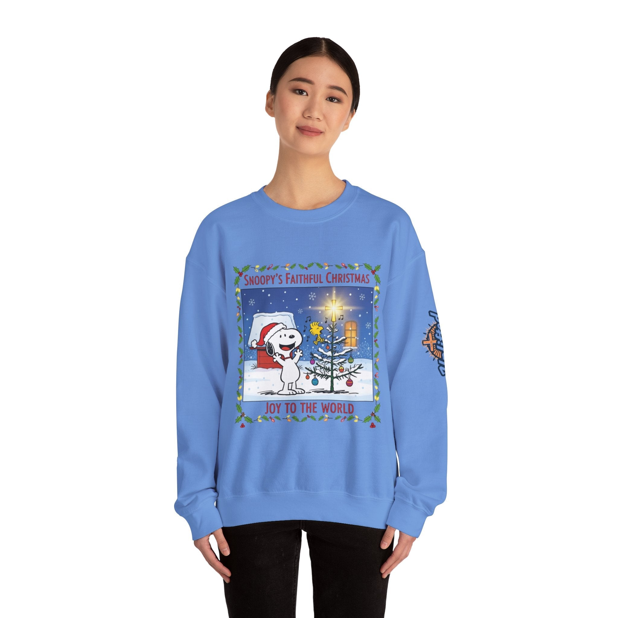 🎄 Faithful Christmas Friends – Christian Holiday Sweatshirt | Festive Tree & Cartoon Duo | Heartwarming Christmas Tee by Uplifted Gear Printify