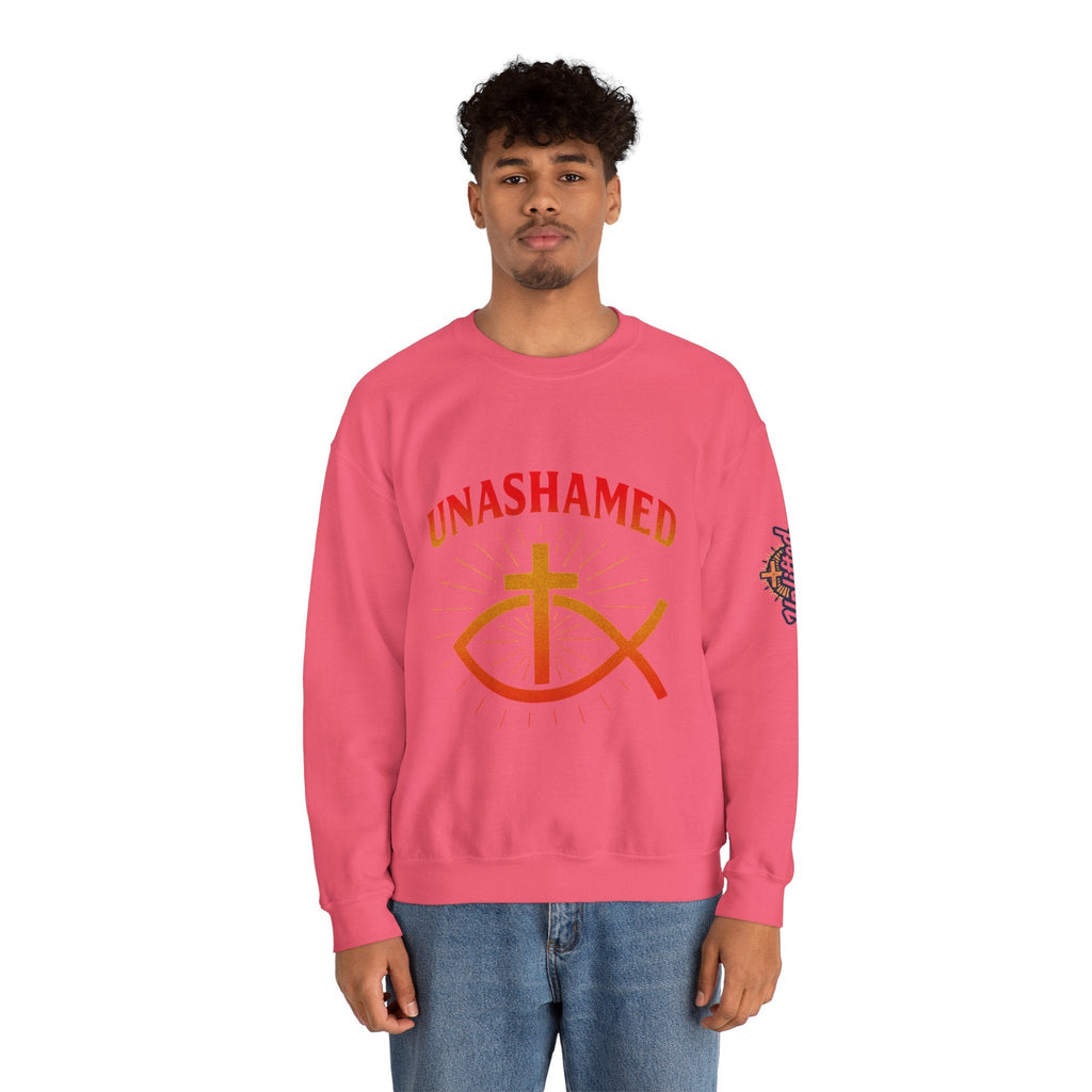 Unashamed Sweatshirt – Ichthys Jesus Fish & Cross Christian Sweatshirt for Romans 1:16 Bold Faith Printify