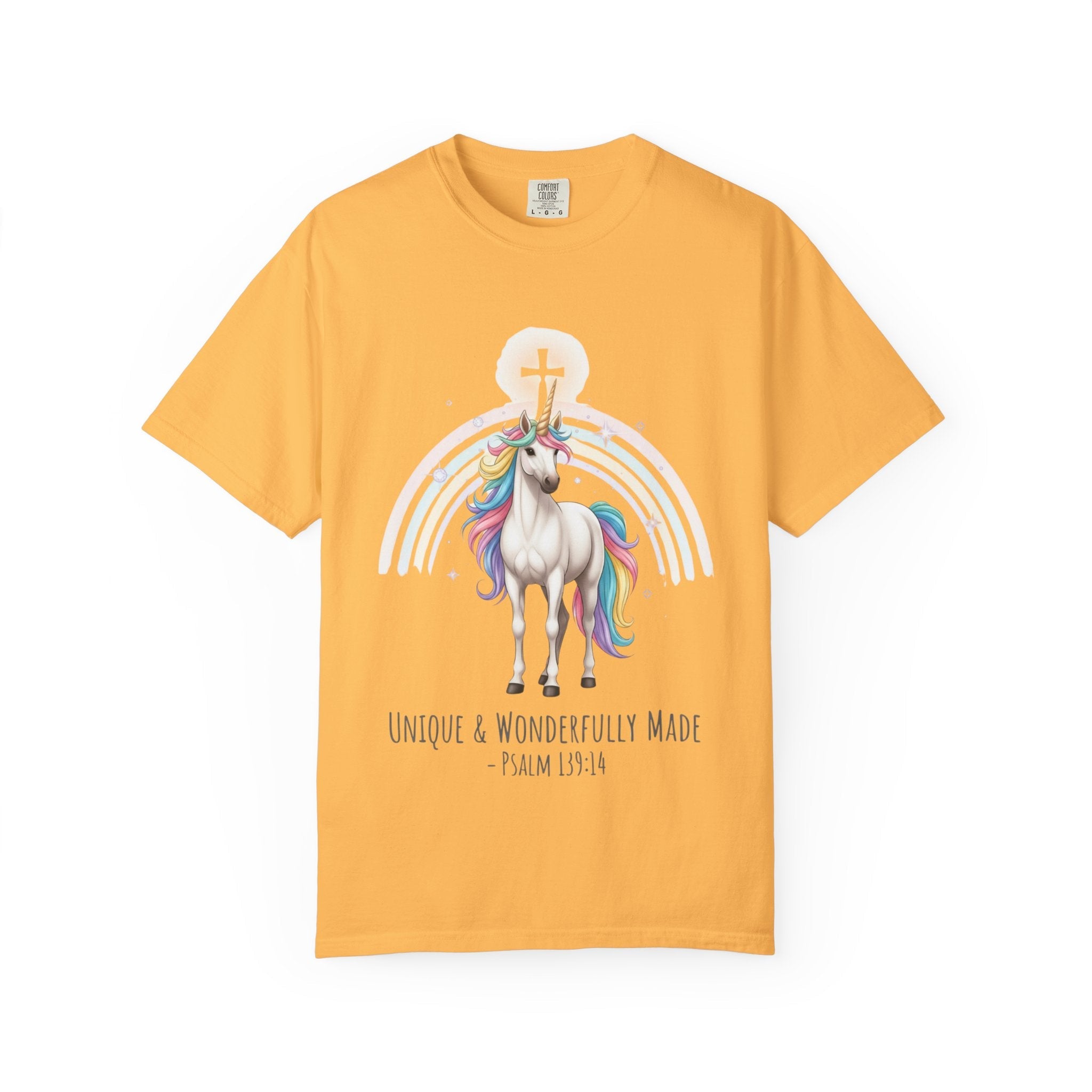 Unique Unicorn Christian T-Shirt – Wonderfully Made with Rainbow Cross & Psalm 139:14 Printify