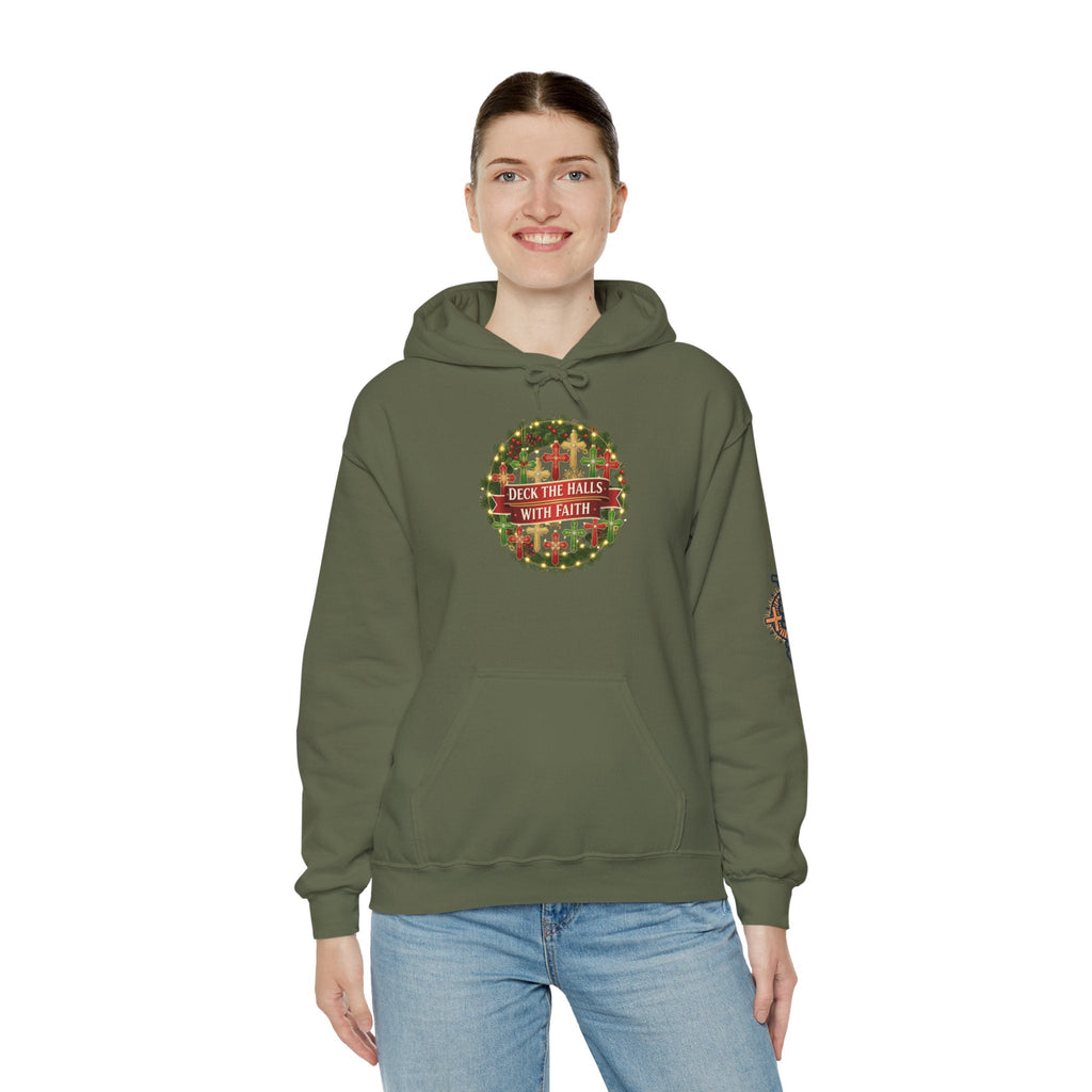🎄 Deck the Halls with Faith – Christian Christmas Hoodie | Cross Ornament Design & Festive Garland | Bold Holiday Faith Tee by Uplifted Gear Printify